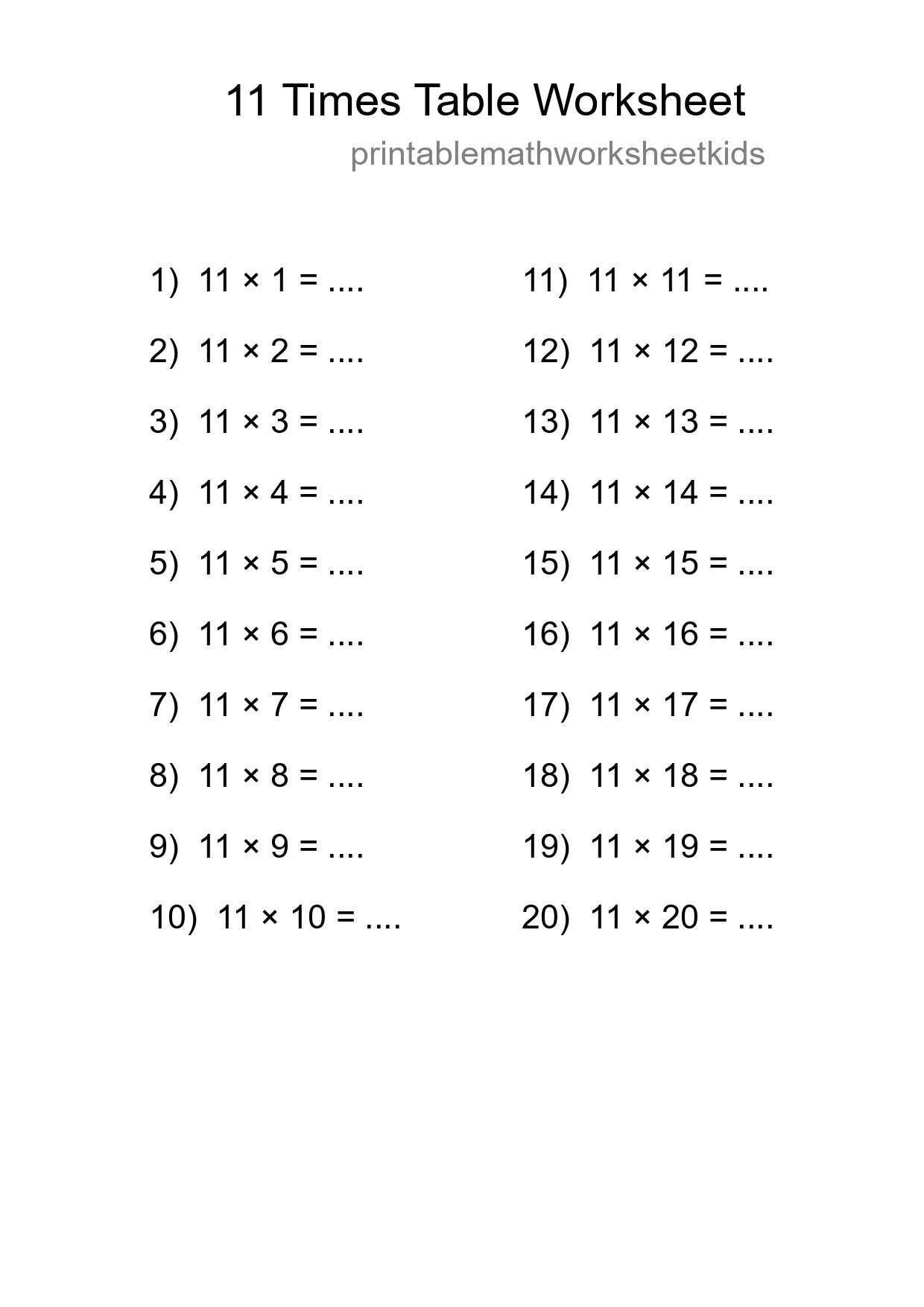 11 Times Table Worksheet For Grade 4 - Part 196