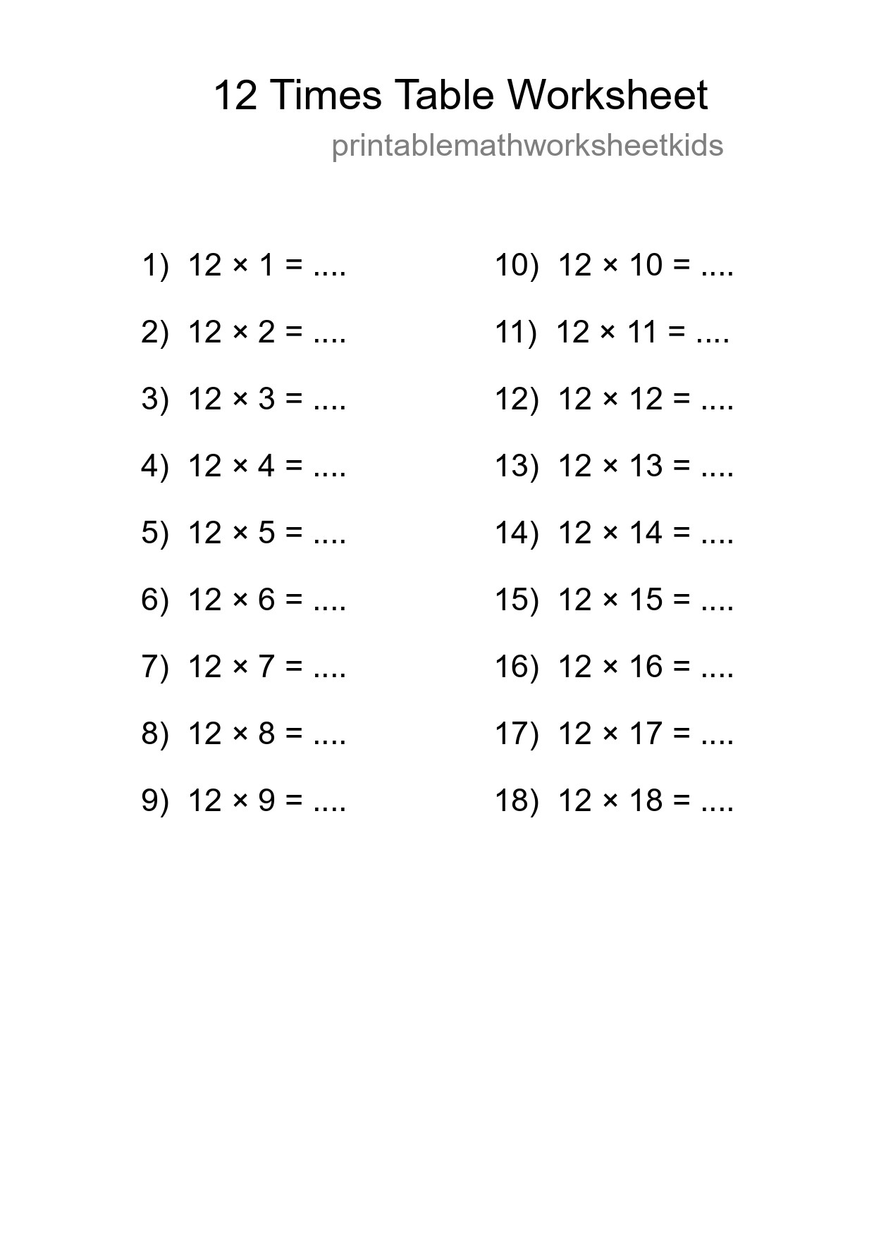 12 Times Table Worksheet For Grade 4 With Answers - Part 152