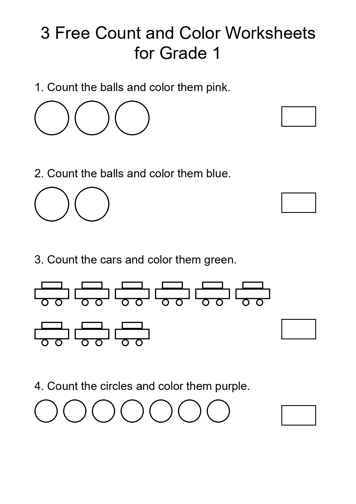 3 Free Count and Color Worksheets for Grade 1