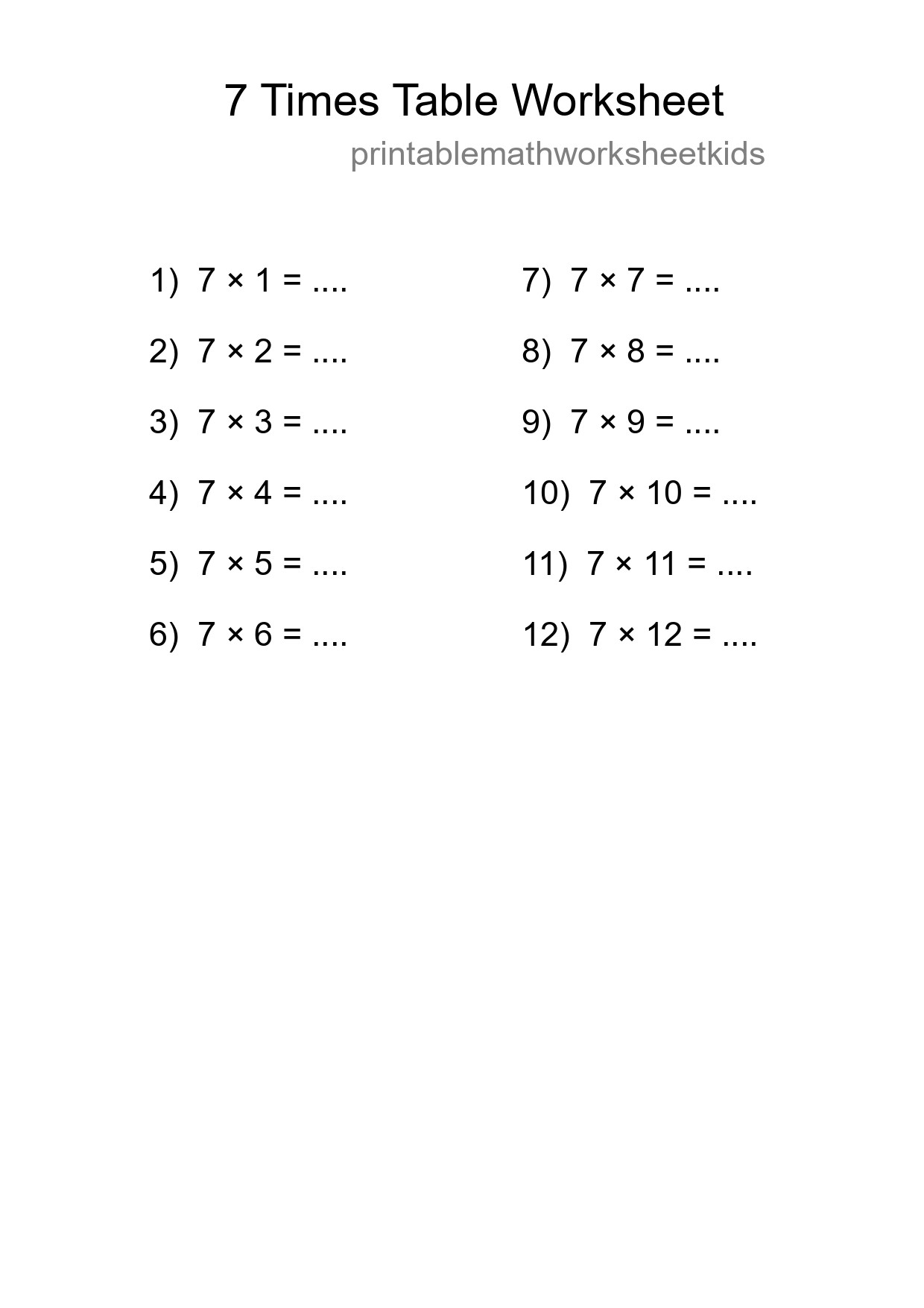 7 Times Table Worksheet For Grade 3 - Part 97