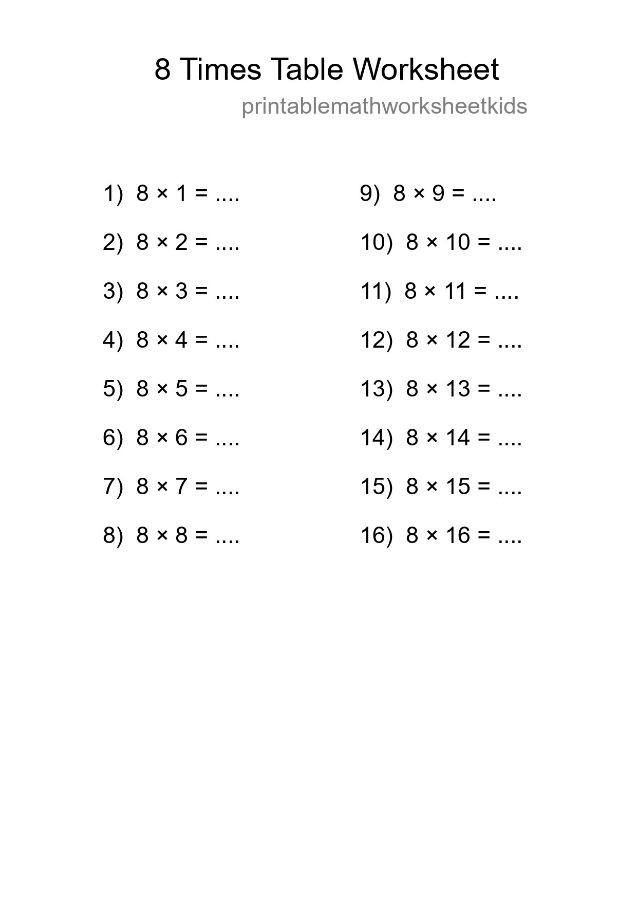 8 Times Table Worksheet For Grade 3 With Answers - Part 20