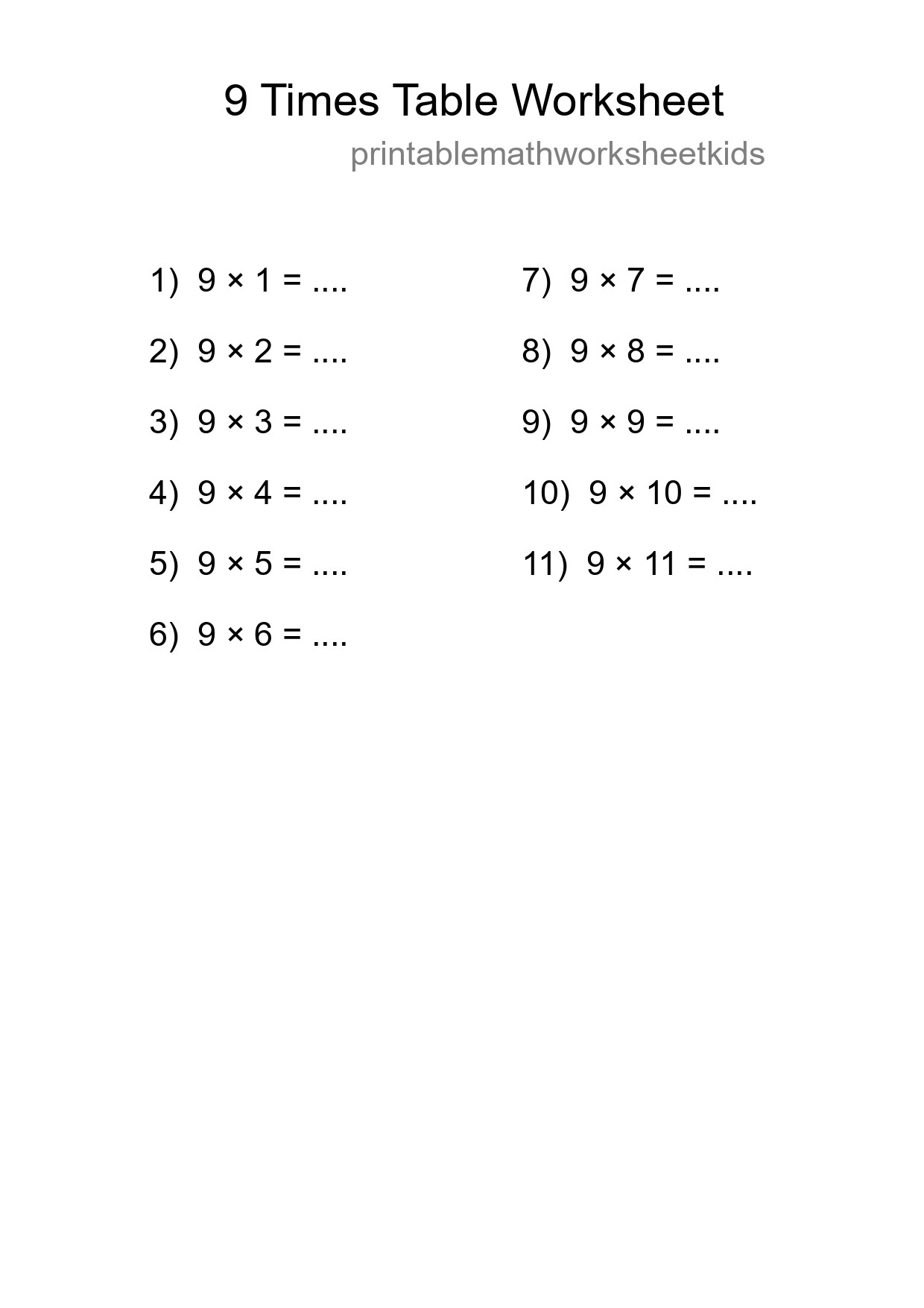 9 Times Table Worksheet For Grade 3 - Part 141