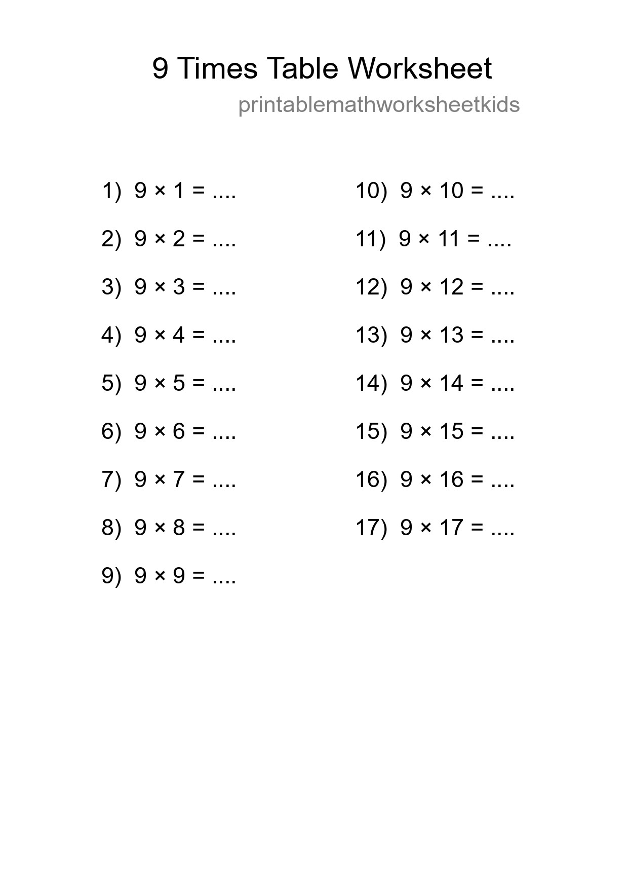 9 Times Table Worksheet For Grade 3 With Answers - Part 75