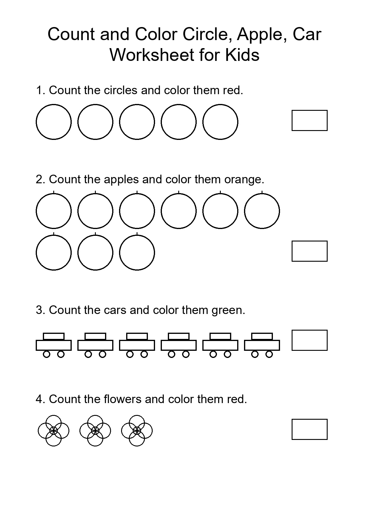 Count and Color Circle, Apple, Car Worksheet for Kids