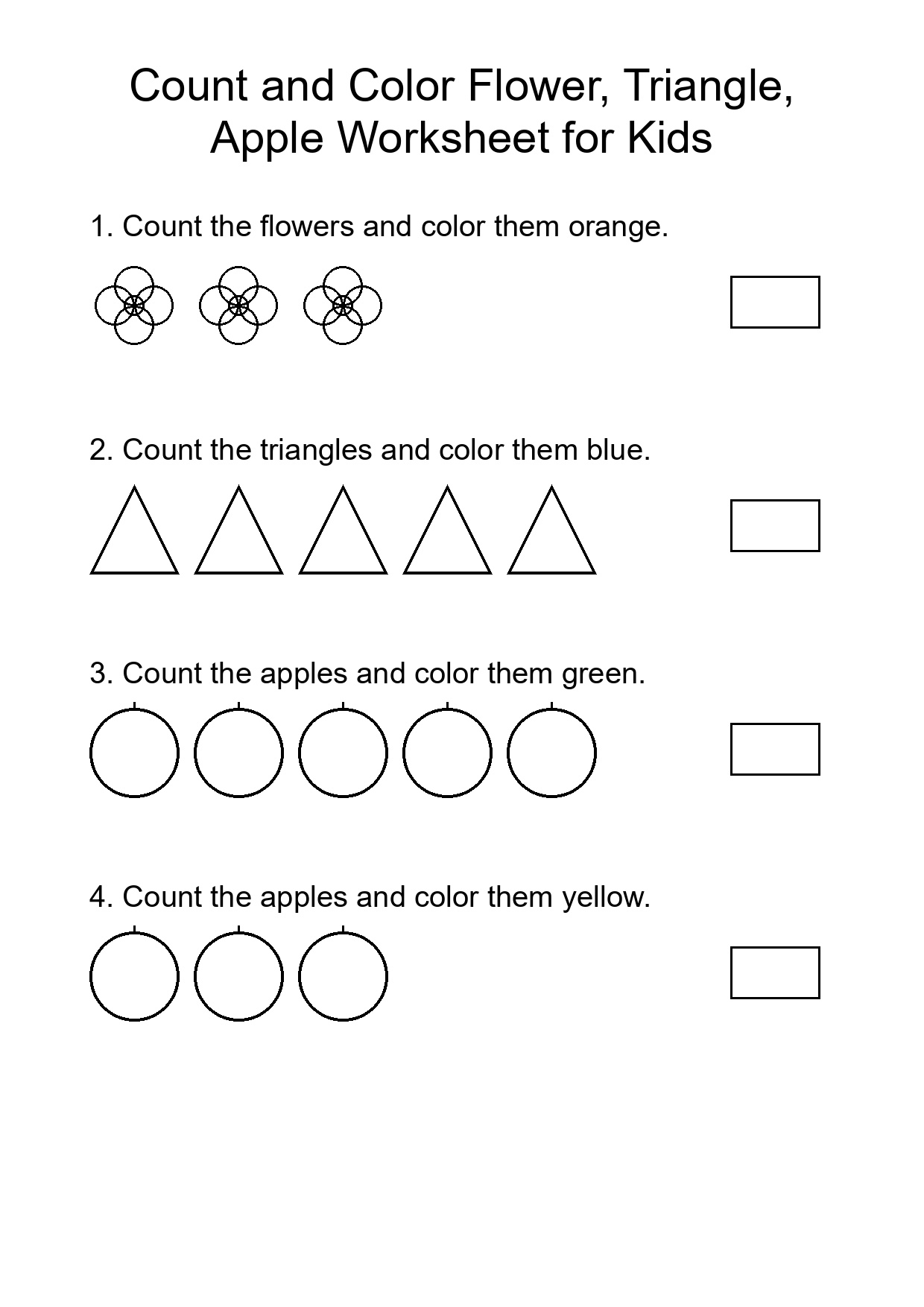 Count and Color Flower, Triangle, Apple Worksheet for Kids
