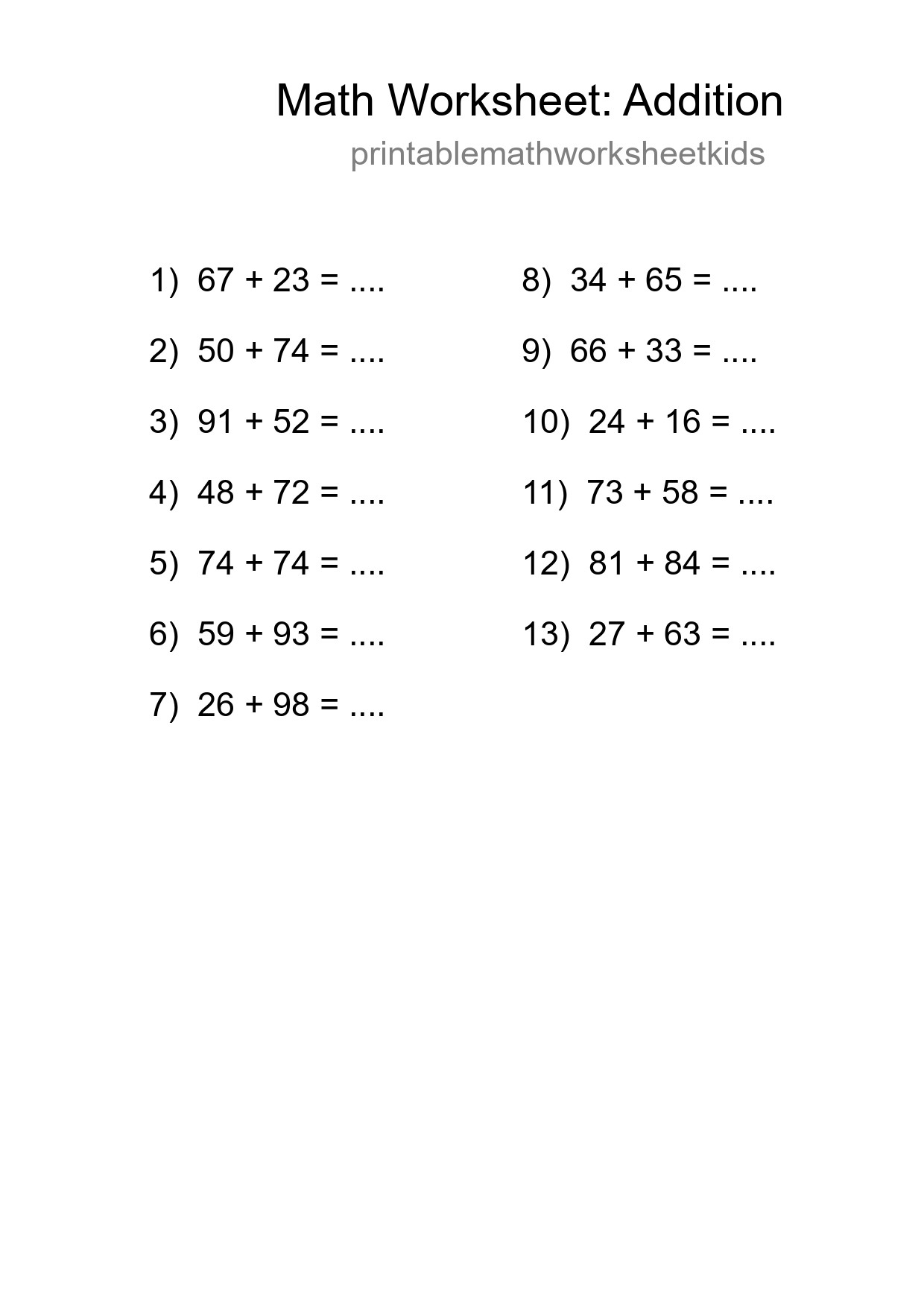 Free 13 Addition Math Worksheet For Grade 3