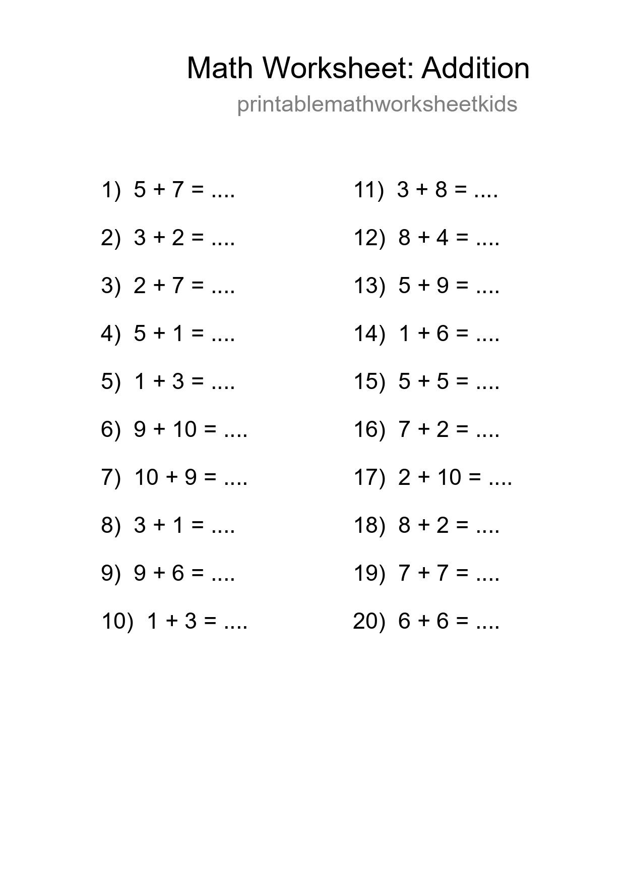 Free 20 Addition Math Worksheet For Grade 1 With Answers - Part 89