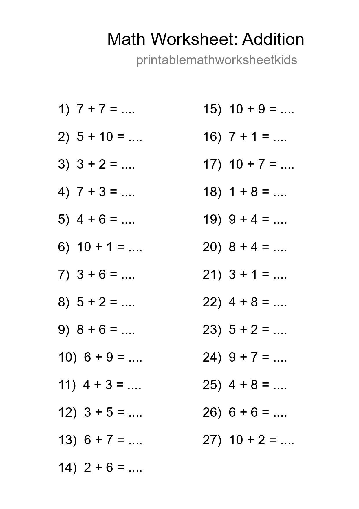 Free 27 Addition Math Worksheet For Grade 1 - Part 243