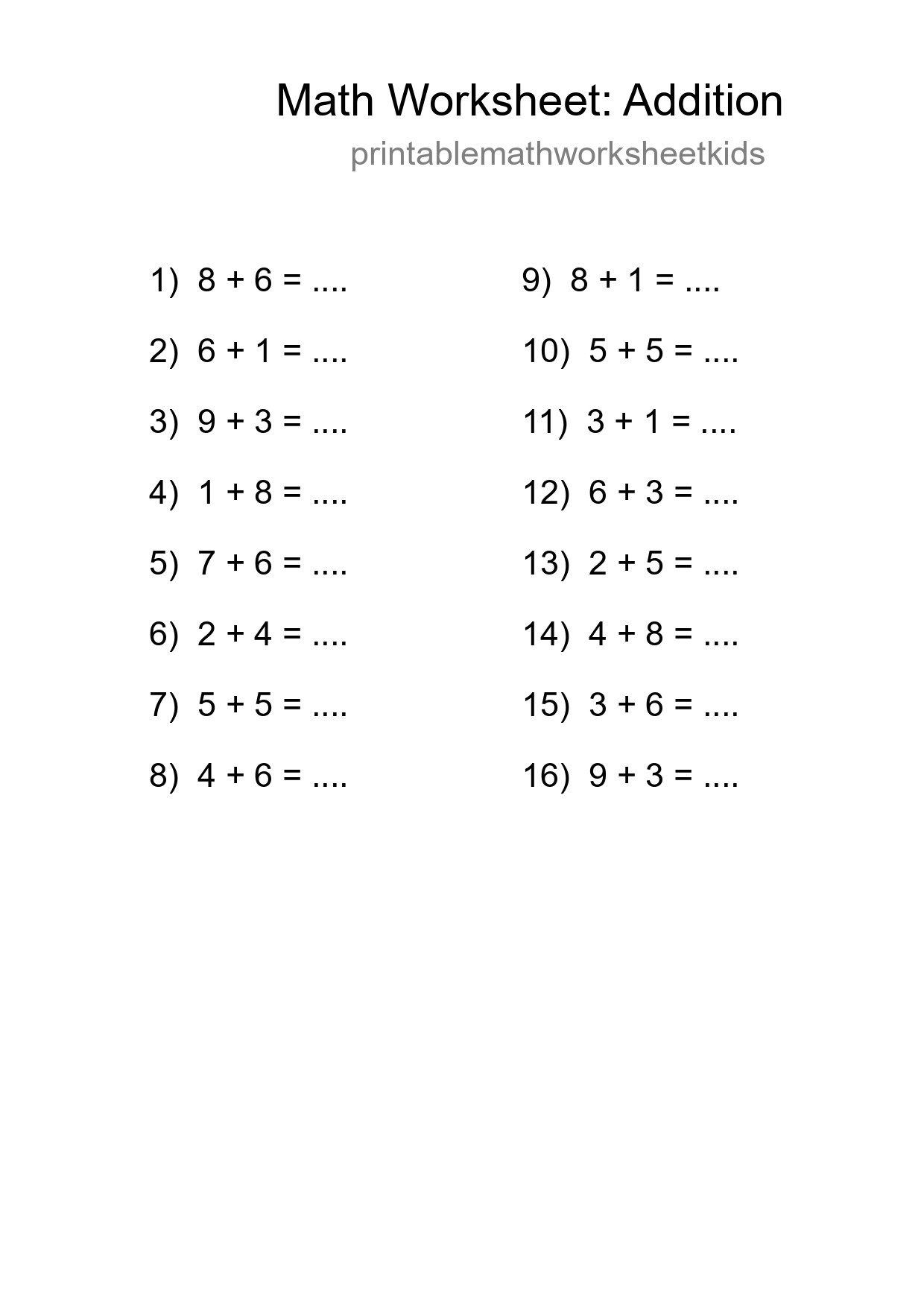 Grade 1 Addition Practice Worksheet (16 Problems) - Part 133