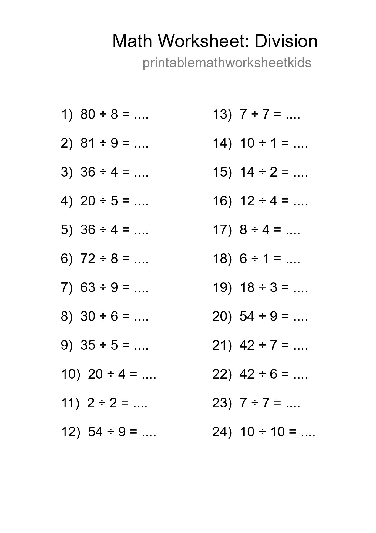 Grade 1 Division Practice Worksheet (24 Problems) - Part 213