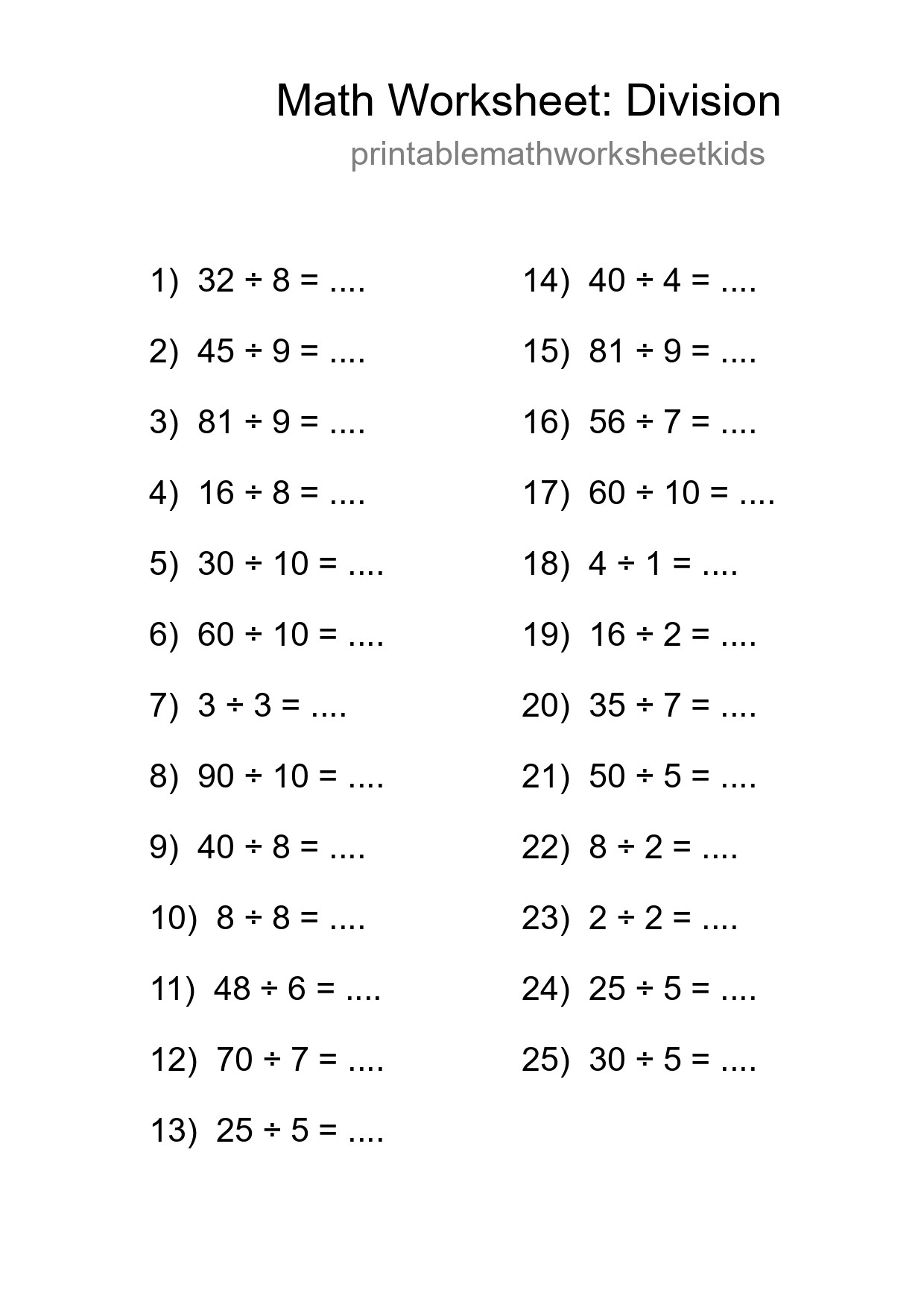 Grade 1 Division Practice Worksheet (25 Problems) - Part 37