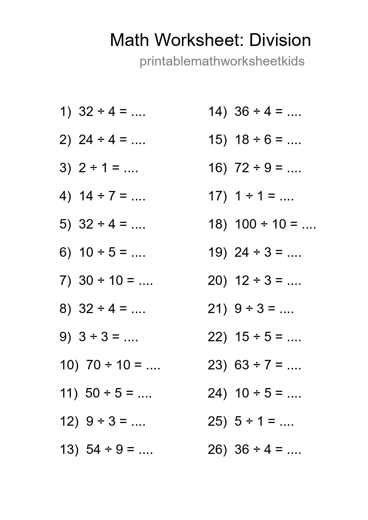 Grade 1 Division Practice Worksheet (26 Problems) - Part 246