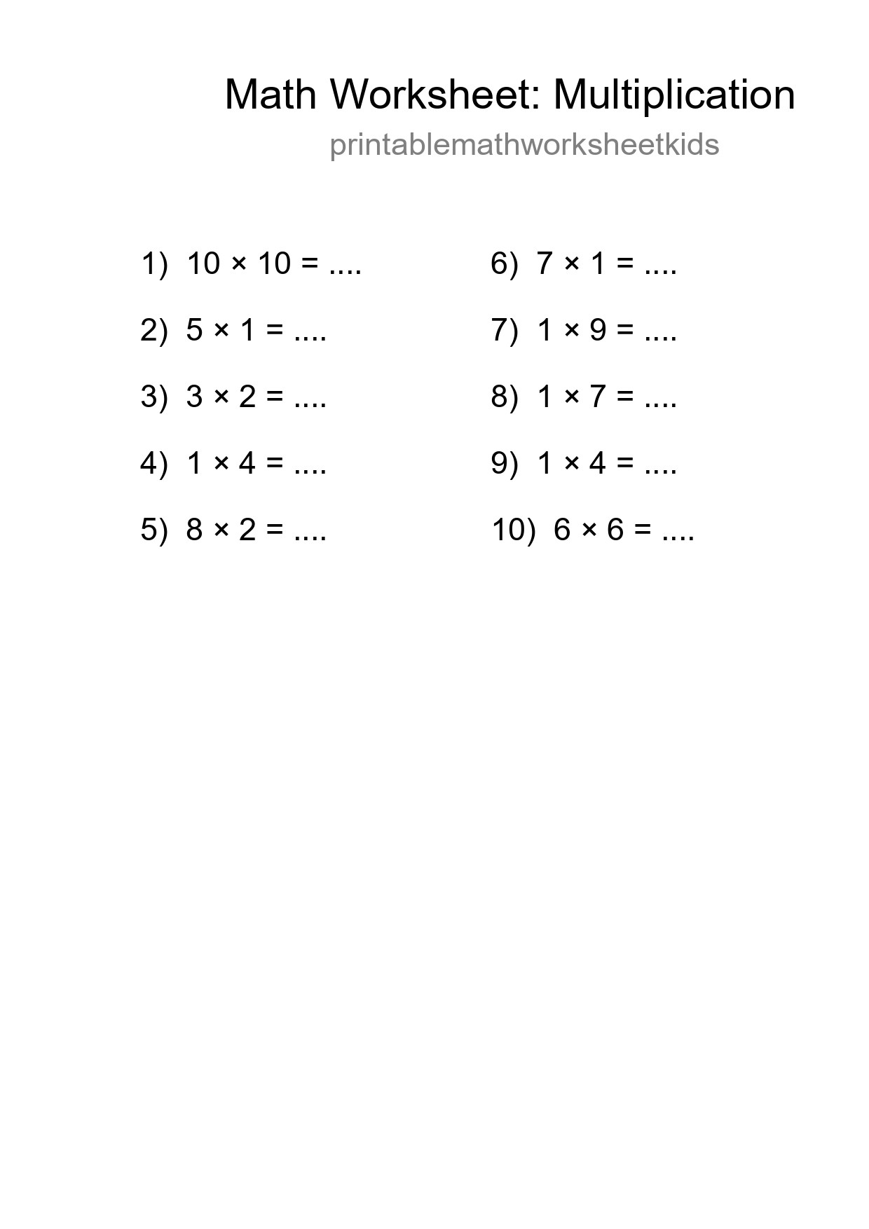 Grade 1 Multiplication Practice Worksheet (10 Problems) - Part 51