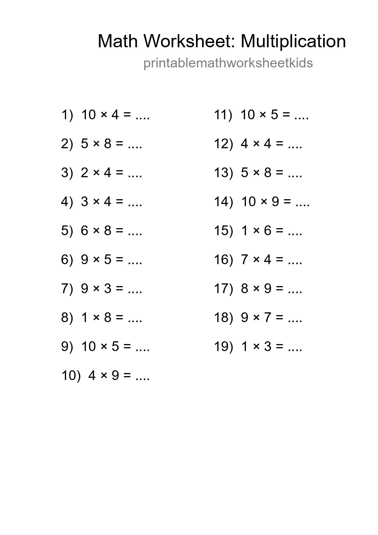 Grade 1 Multiplication Practice Worksheet (19 Problems) - Part 238
