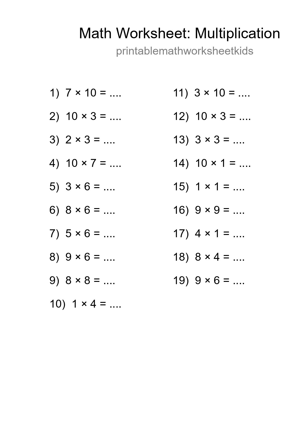 Grade 1 Multiplication Practice Worksheet (19 Problems) - Part 73