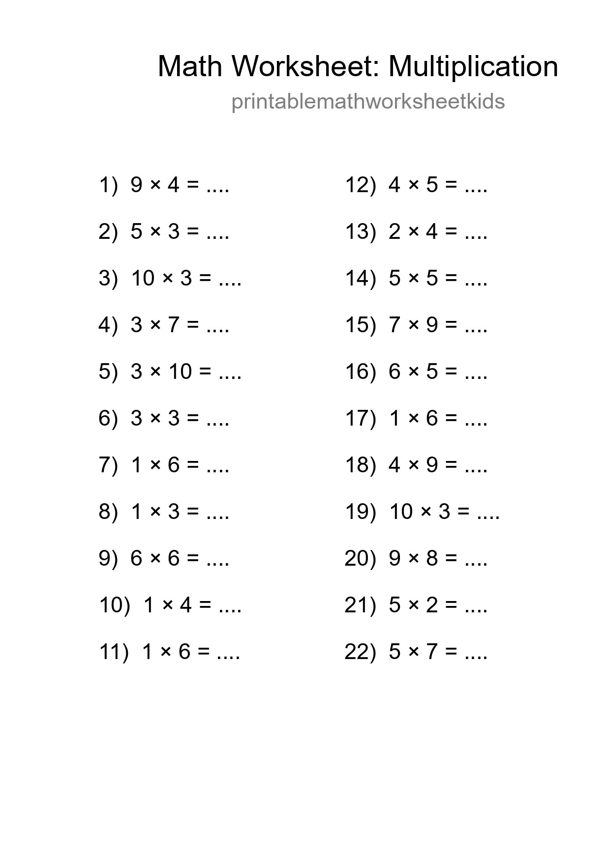 Grade 1 Multiplication Practice Worksheet (22 Problems) - Part 139