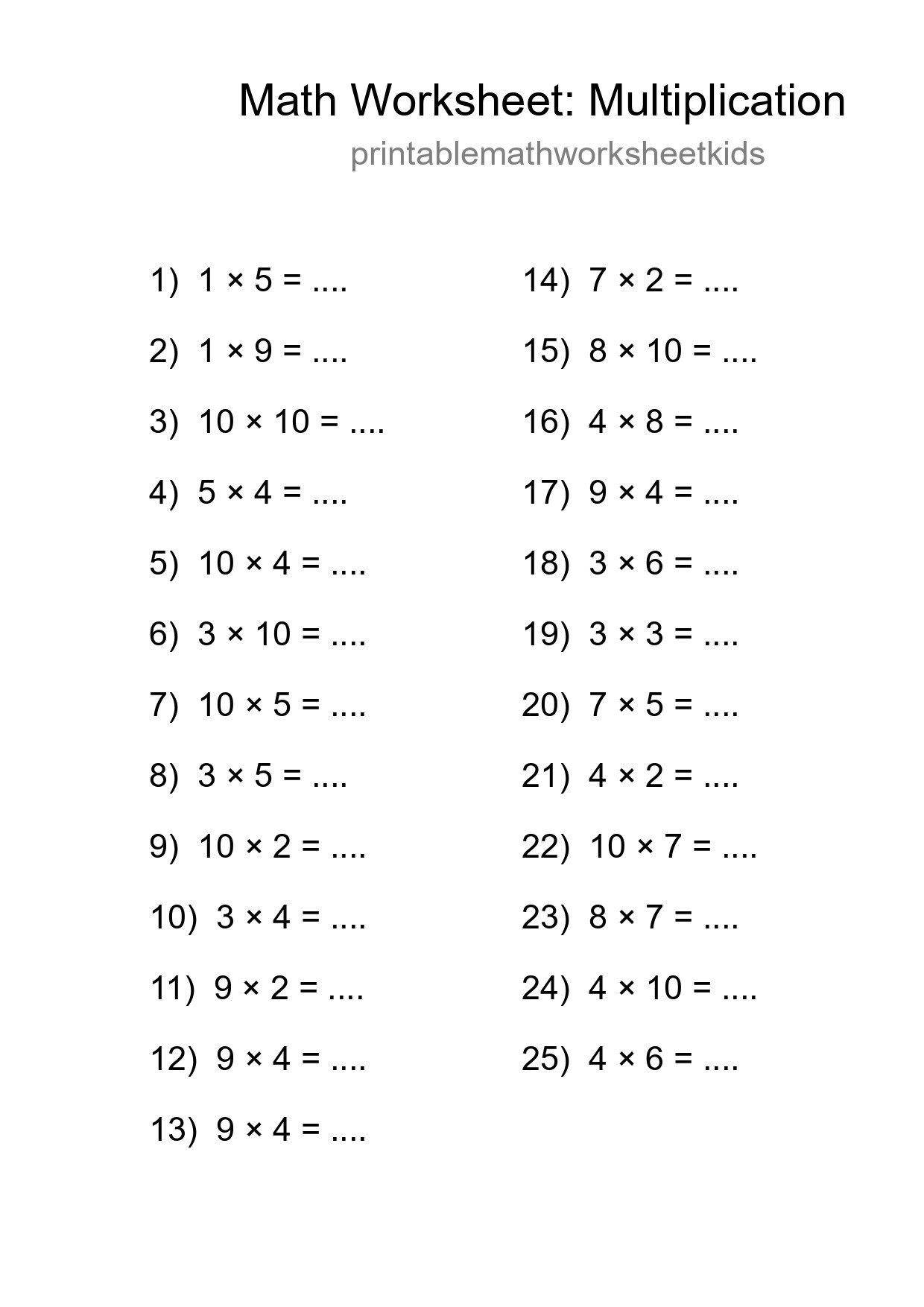 Grade 1 Multiplication Practice Worksheet (25 Problems) - Part 150
