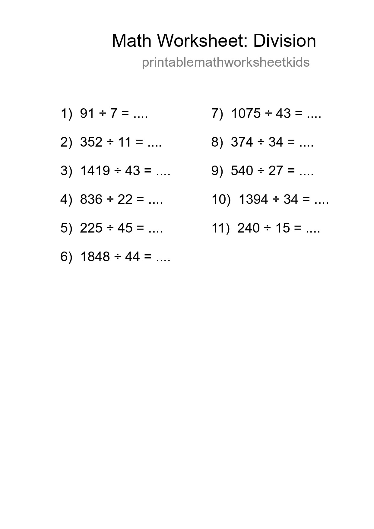 Grade 2 Division Practice Worksheet (11 Problems) - Part 103