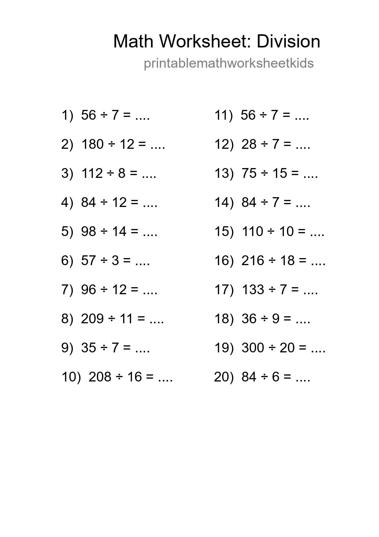 Grade 2 Division Practice Worksheet (20 Problems) - Part 92
