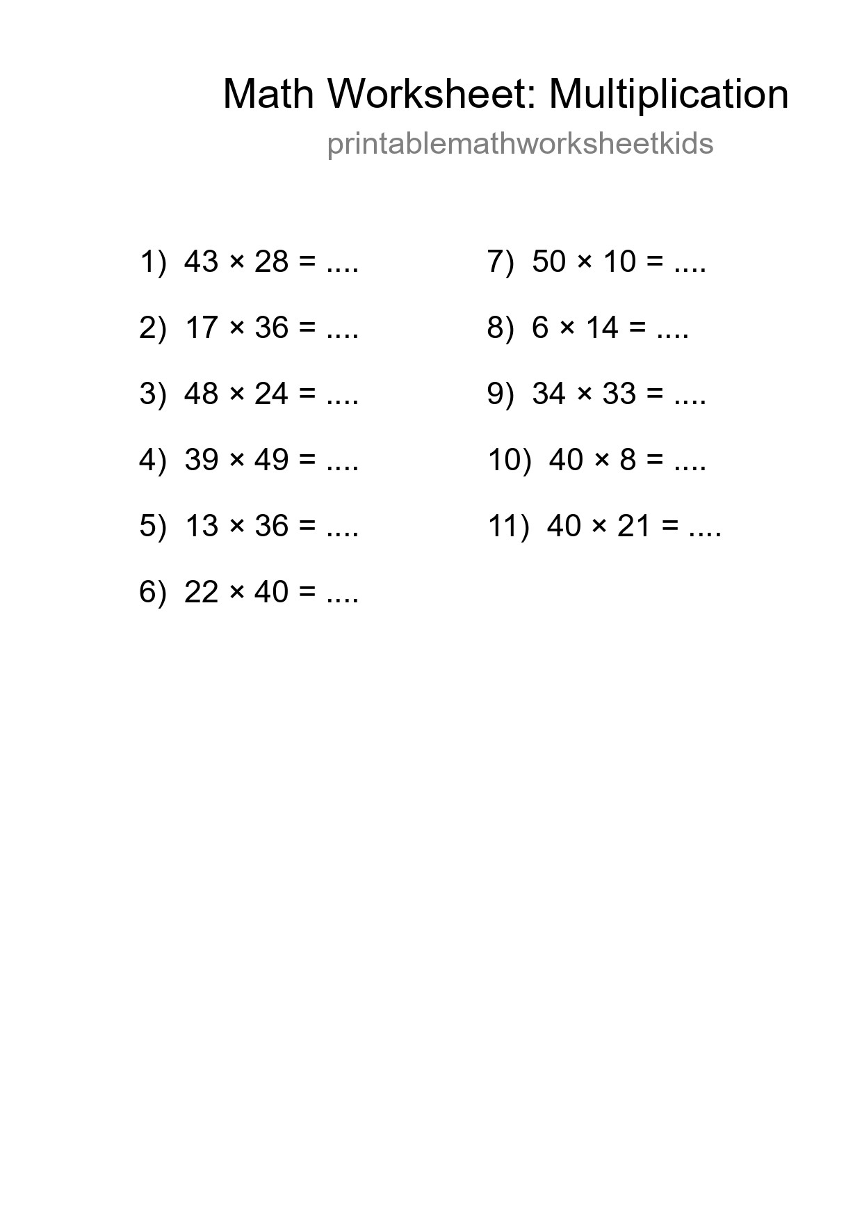 Grade 2 Multiplication Practice Worksheet (11 Problems) - Part 7