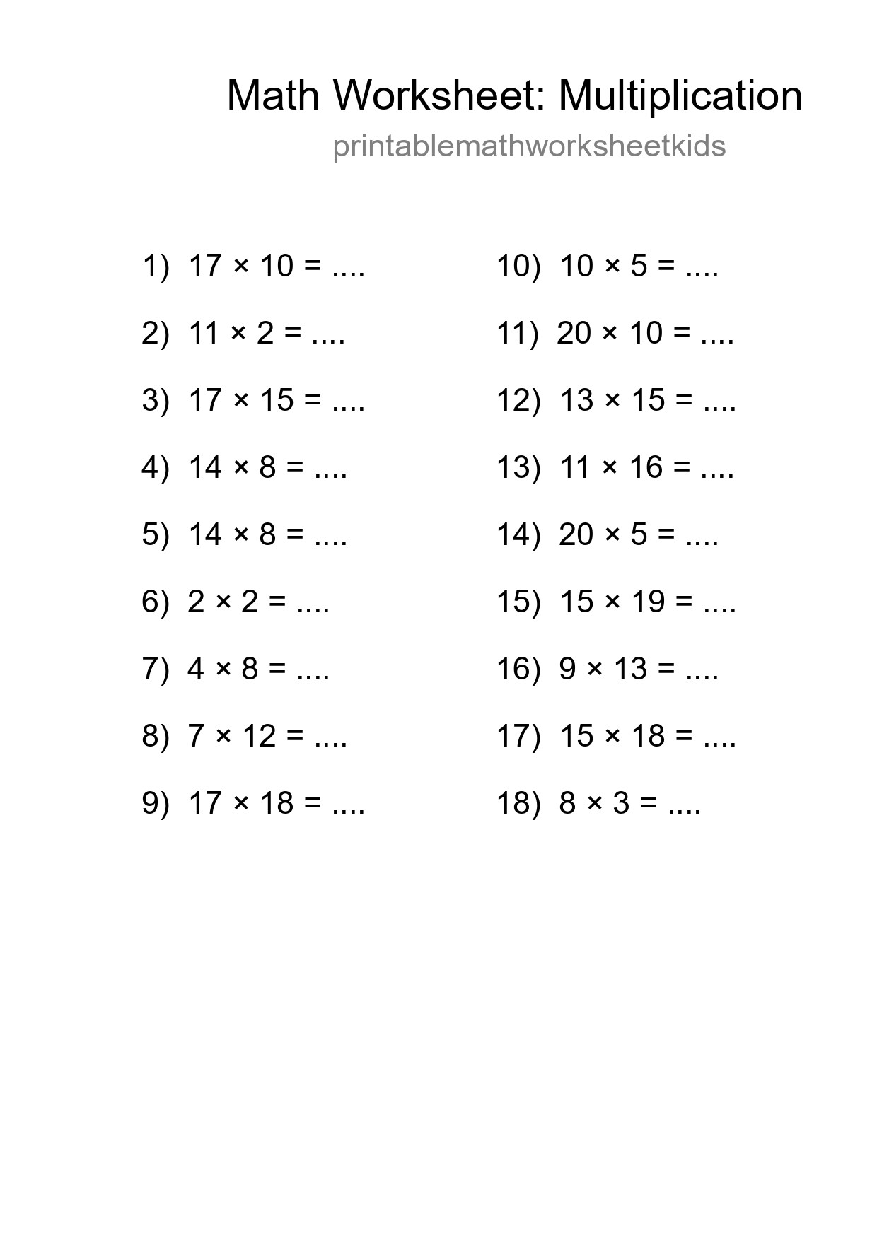 Grade 2 Multiplication Practice Worksheet (18 Problems) - Part 172