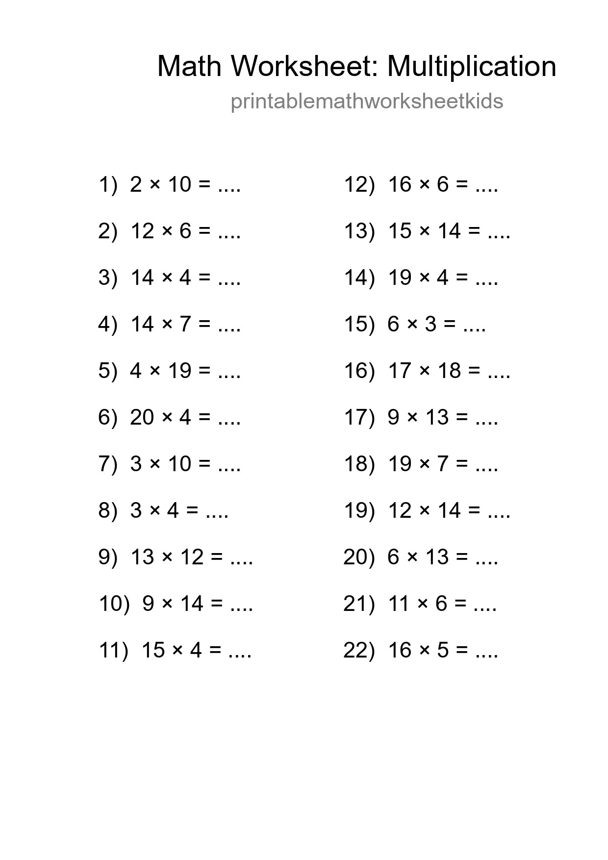 Grade 2 Multiplication Practice Worksheet (22 Problems) - Part 40