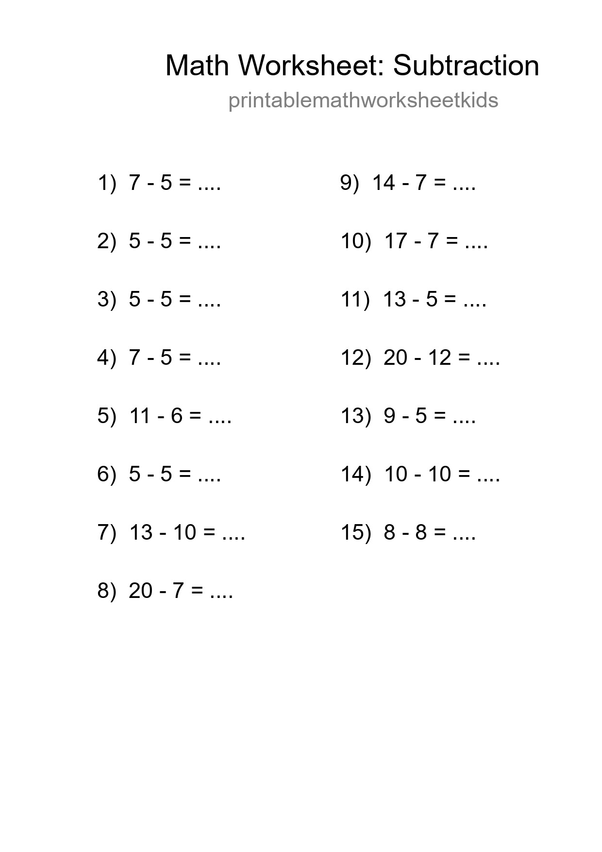 Grade 2 Subtraction Practice Worksheet (15 Problems) - Part 118