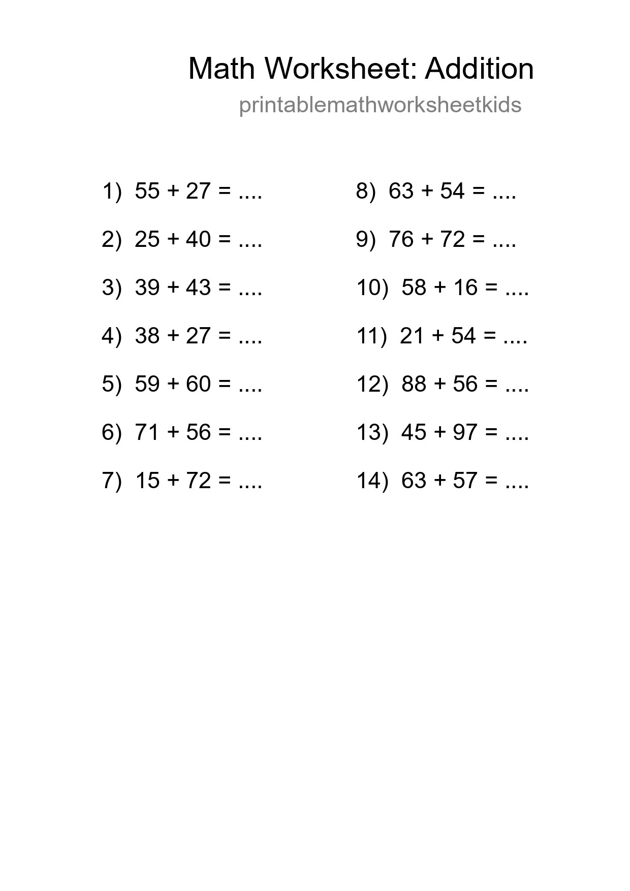 Grade 3 Addition Practice Worksheet (14 Problems) - Part 188