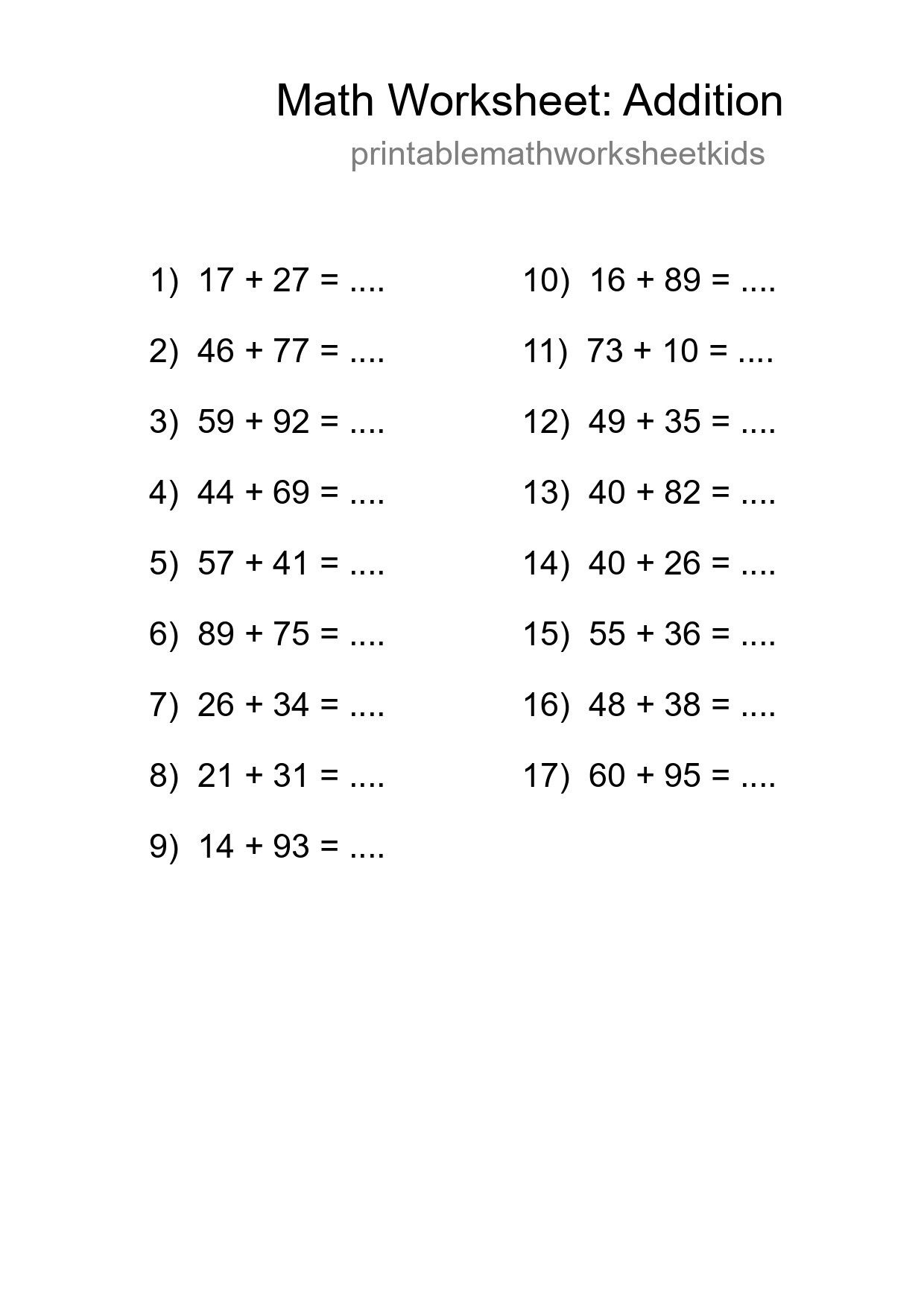 Grade 3 Addition Practice Worksheet (17 Problems) - Part 210