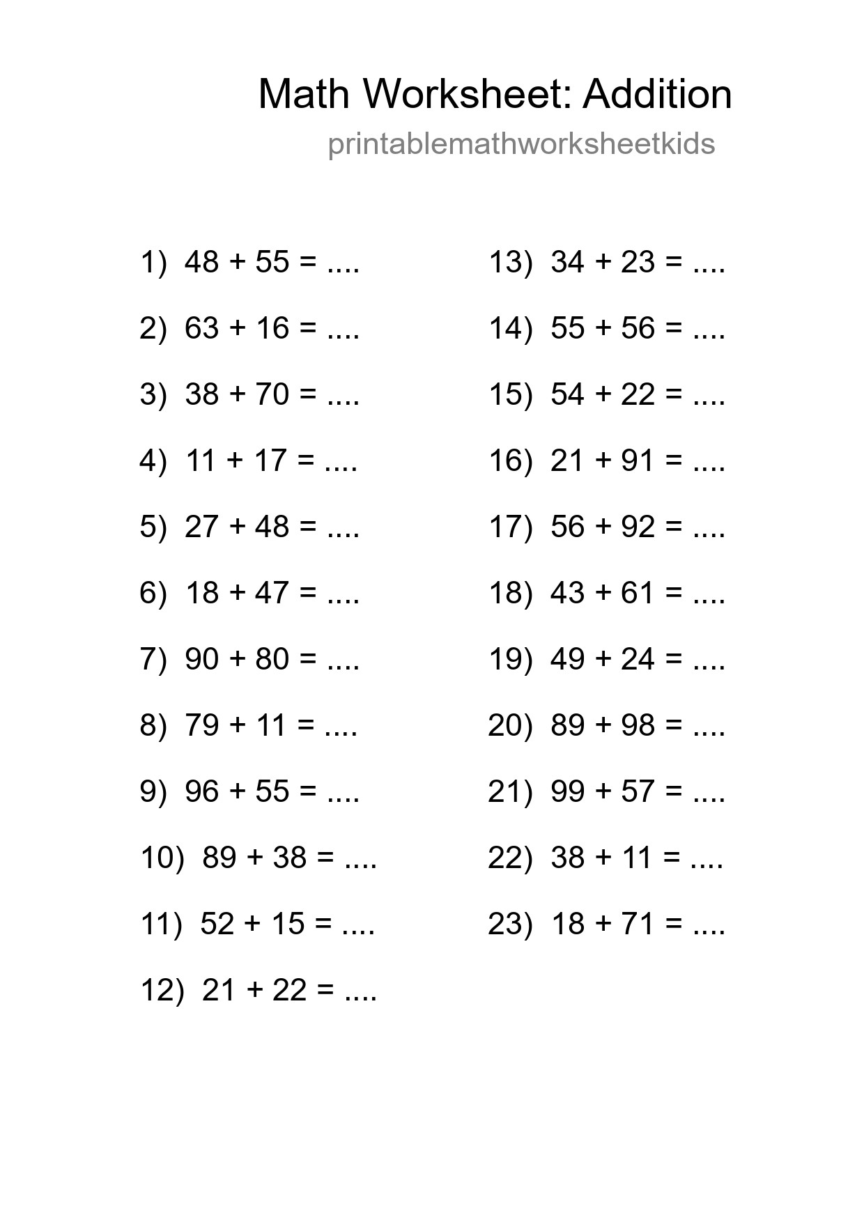 Grade 3 Addition Practice Worksheet (23 Problems) - Part 100
