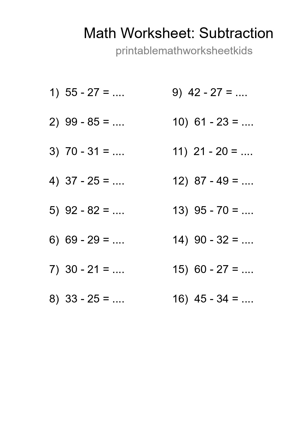 Grade 3 Subtraction Practice Worksheet (16 Problems) - Part 8