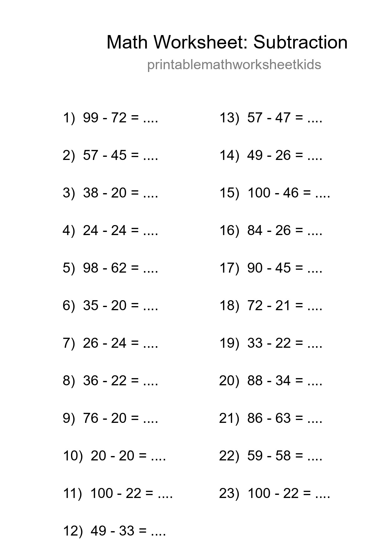 Grade 3 Subtraction Practice Worksheet (23 Problems) - Part 74