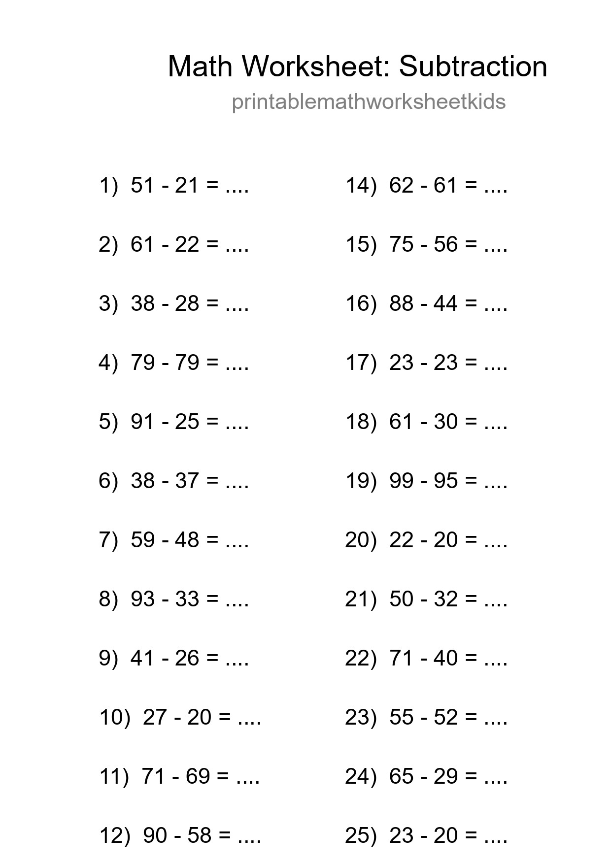 Grade 3 Subtraction Practice Worksheet (26 Problems) - Part 30