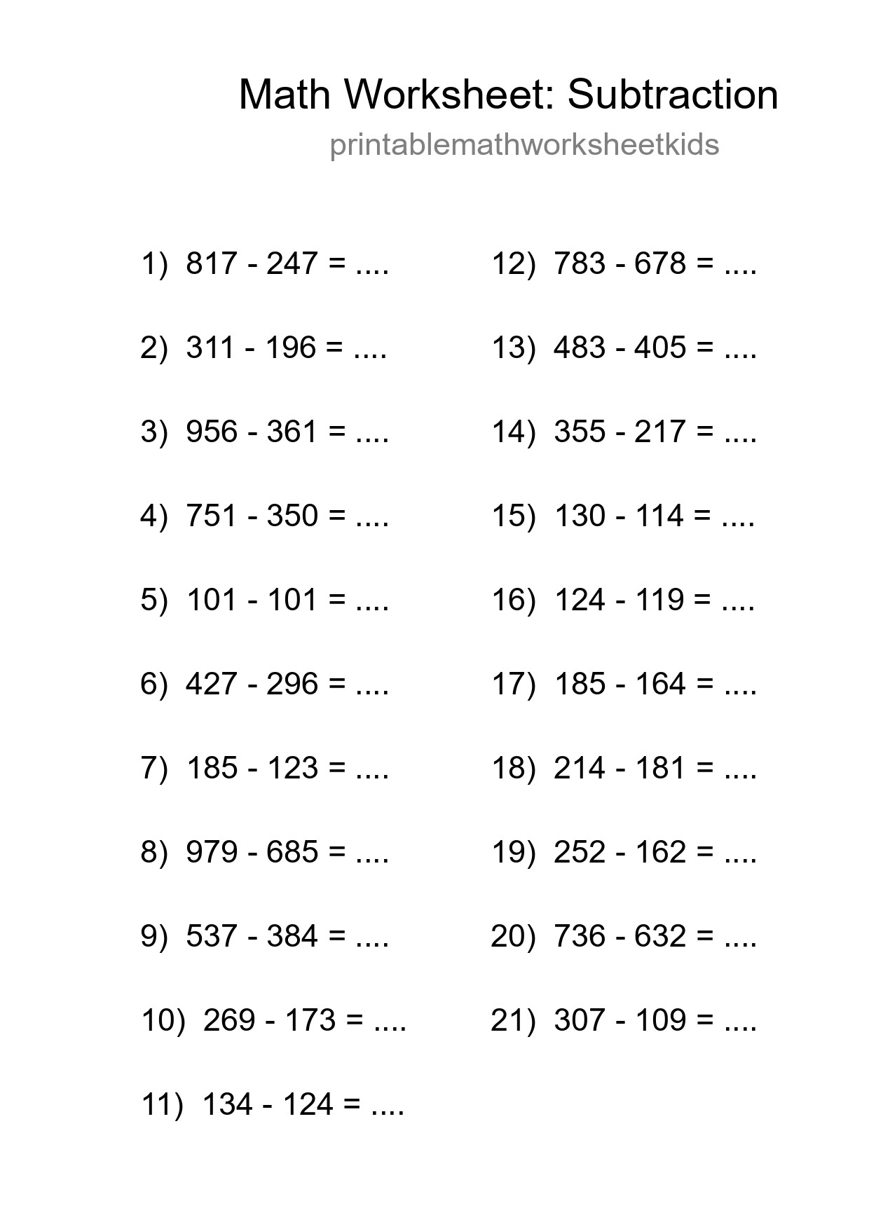 Grade 5 Subtraction Practice Worksheet (21 Problems) - Part 184