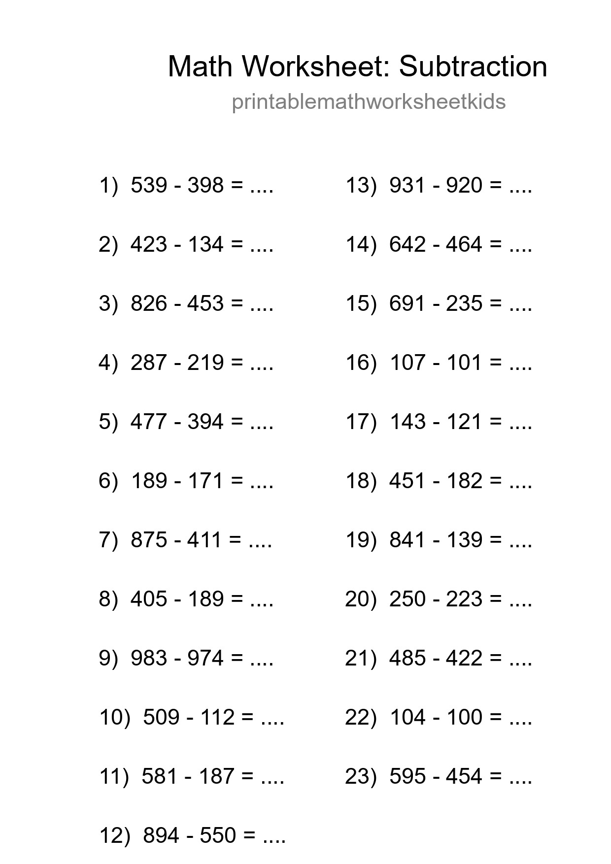 Grade 5 Subtraction Practice Worksheet (23 Problems) - Part 107