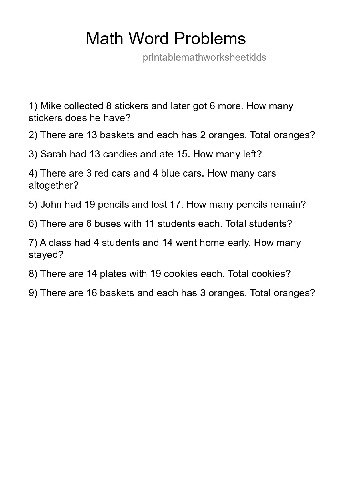Math Word Problem Worksheet