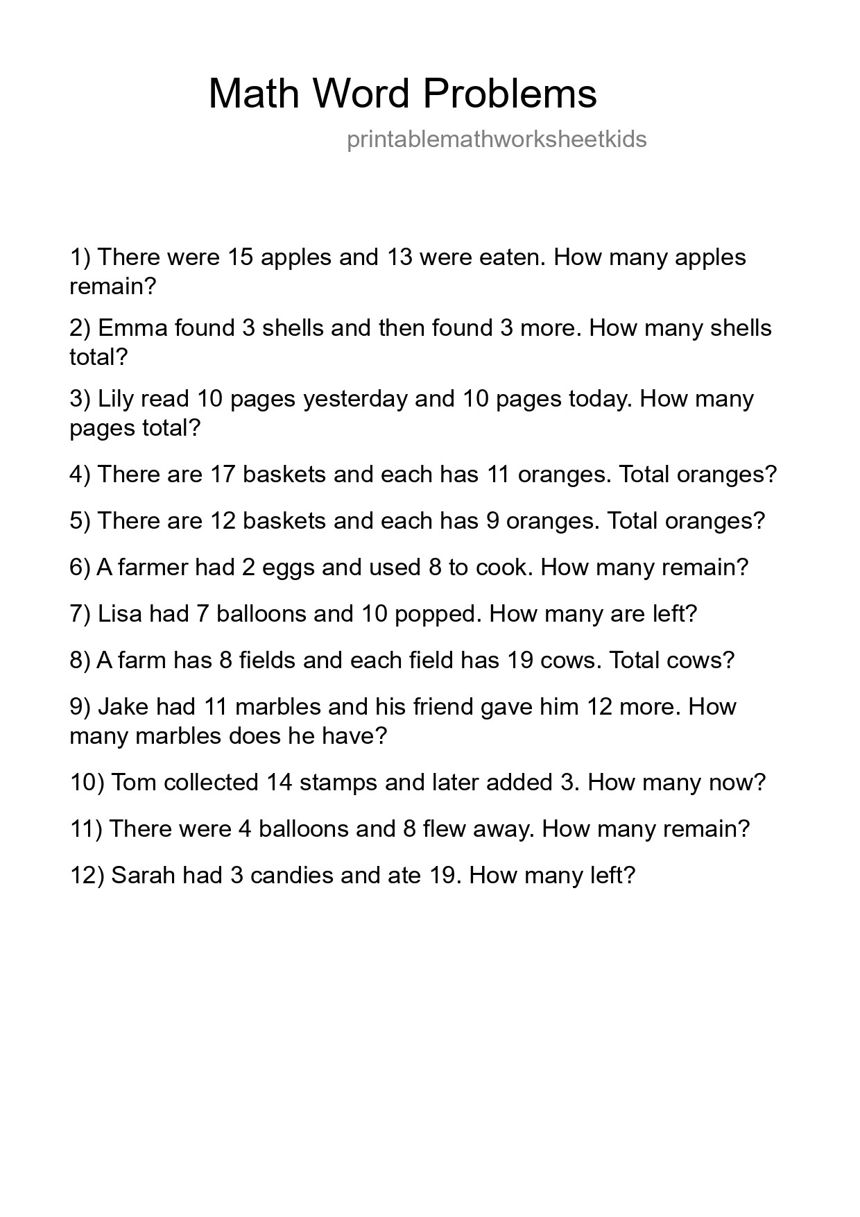Math Word Problem Worksheet