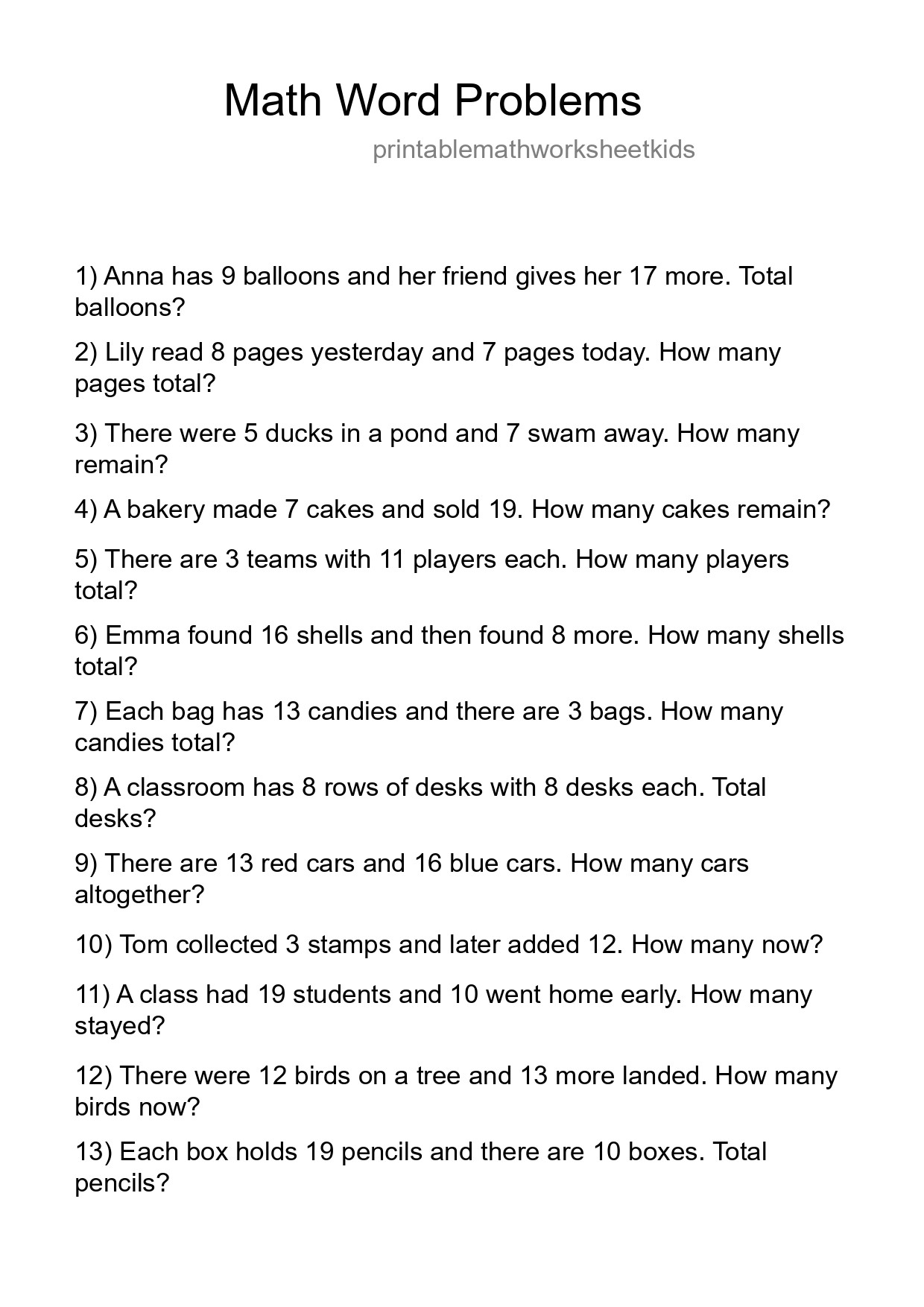 Math Word Problem Worksheet