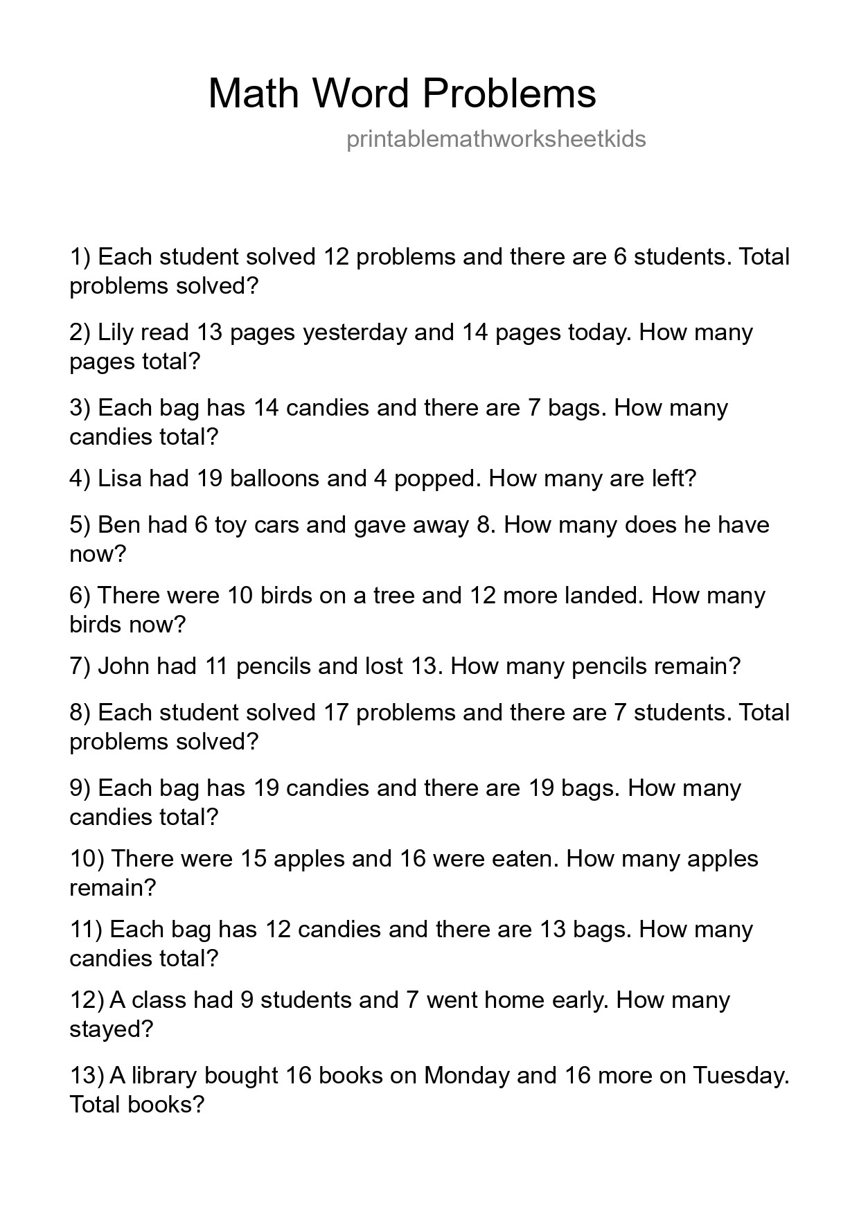 Math Word Problem Worksheet