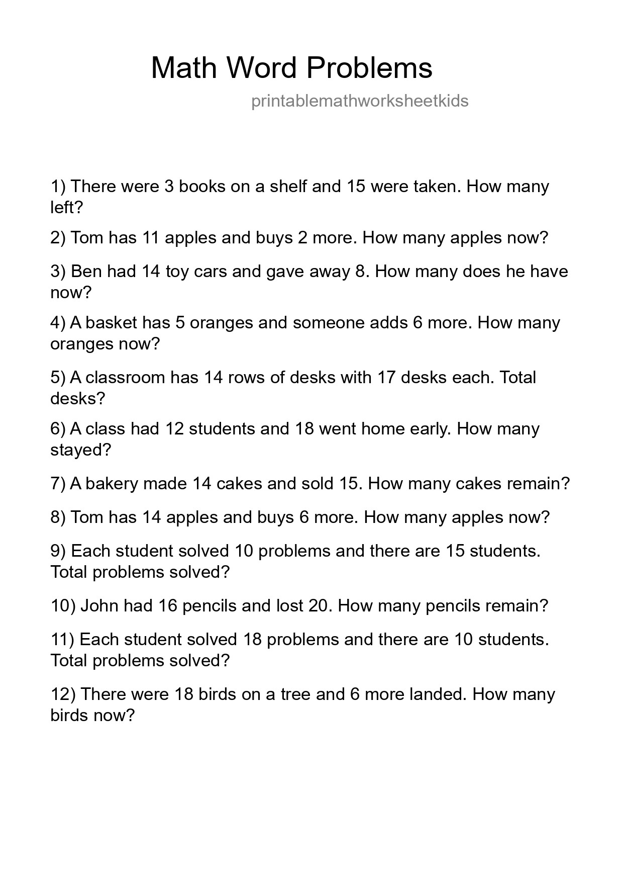 Math Word Problem Worksheet