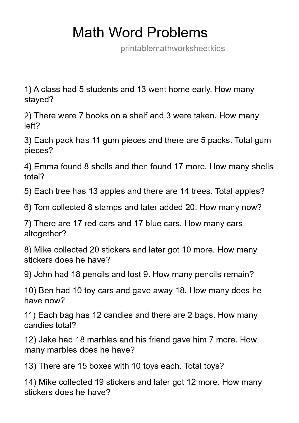 Math Word Problem Worksheet