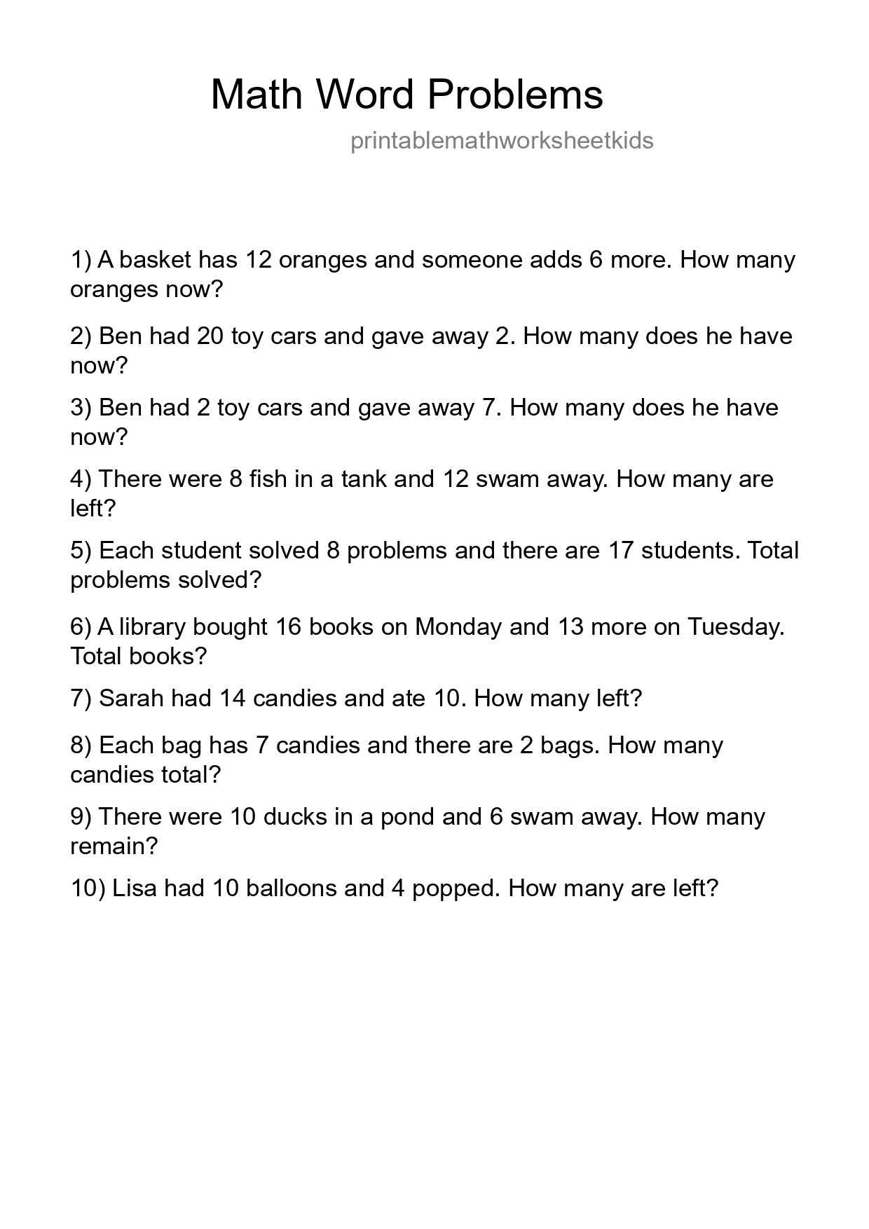 Math Word Problem Worksheet