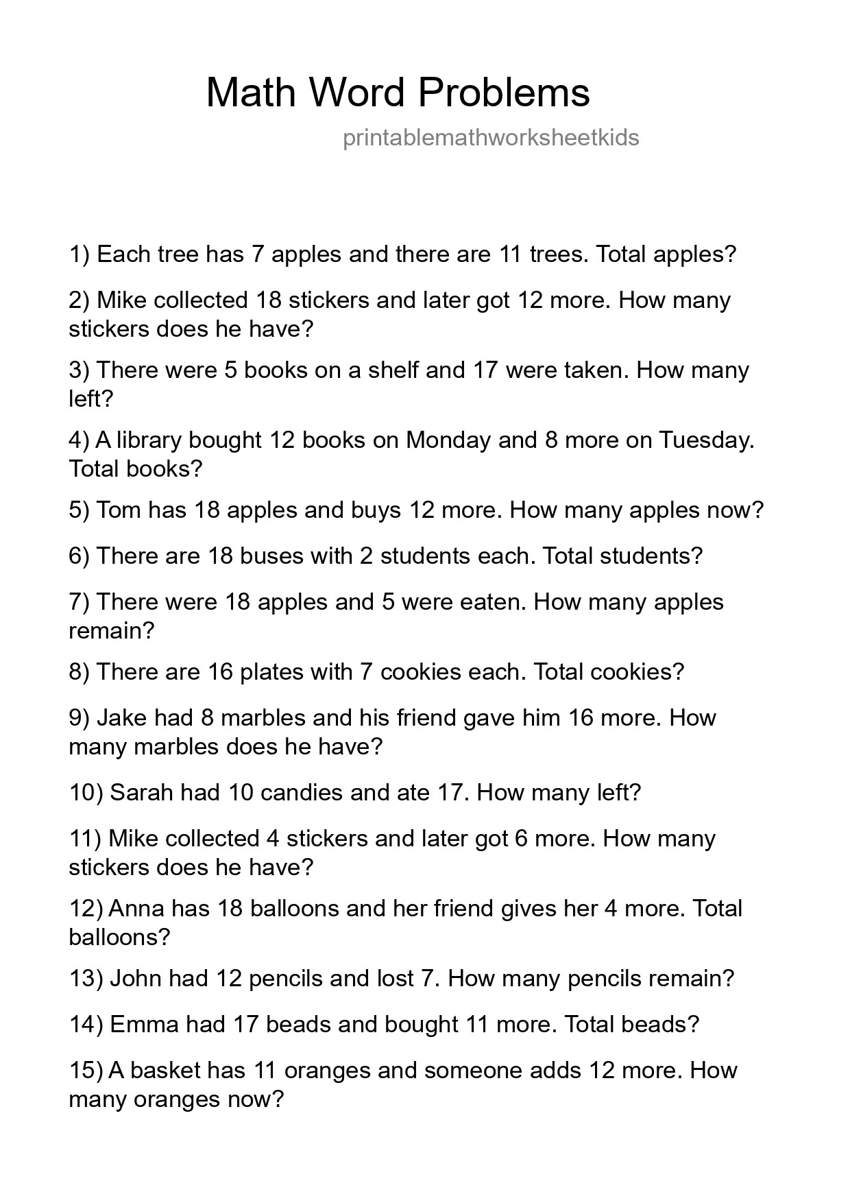 Math Word Problem Worksheet
