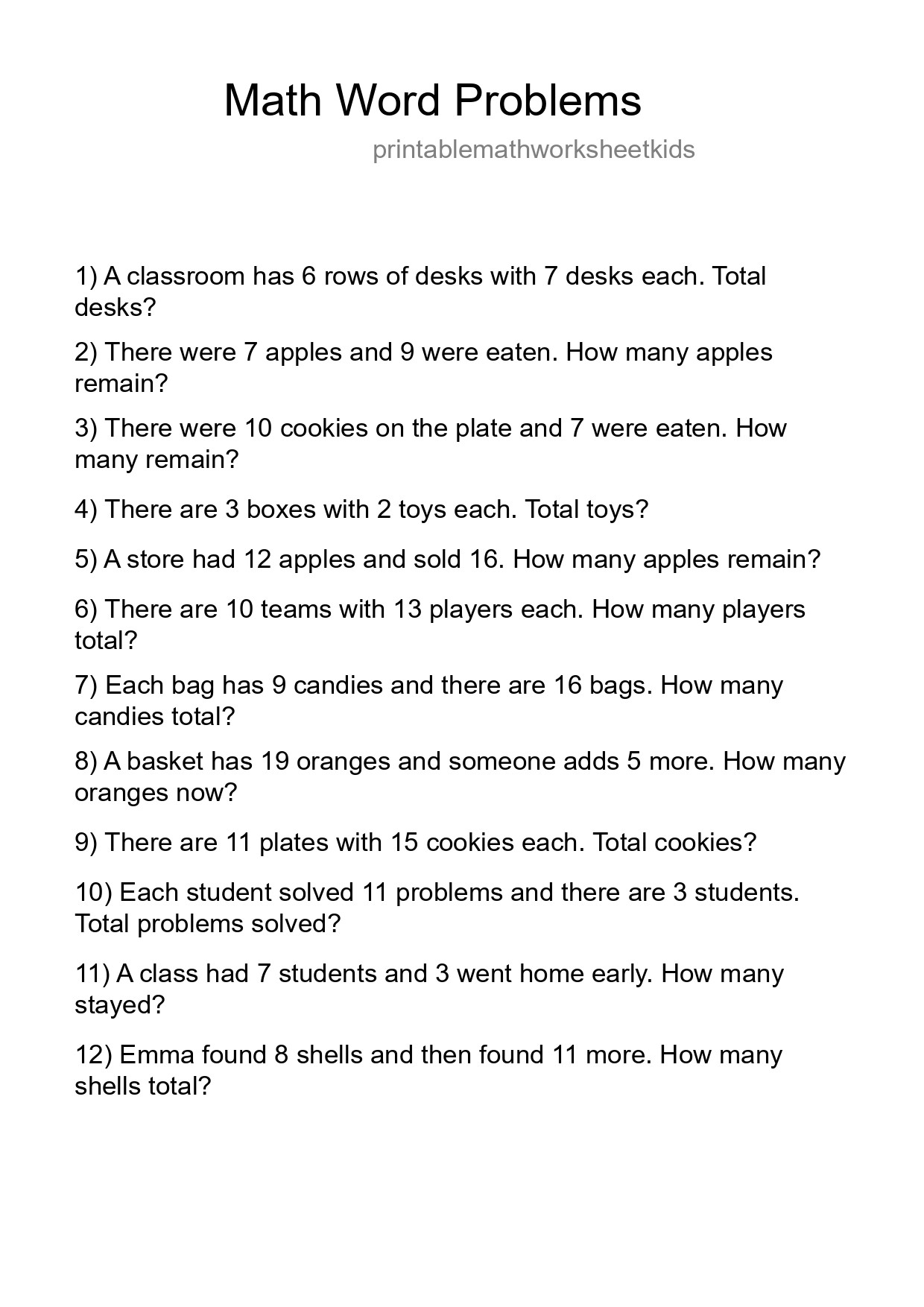 Math Word Problem Worksheet