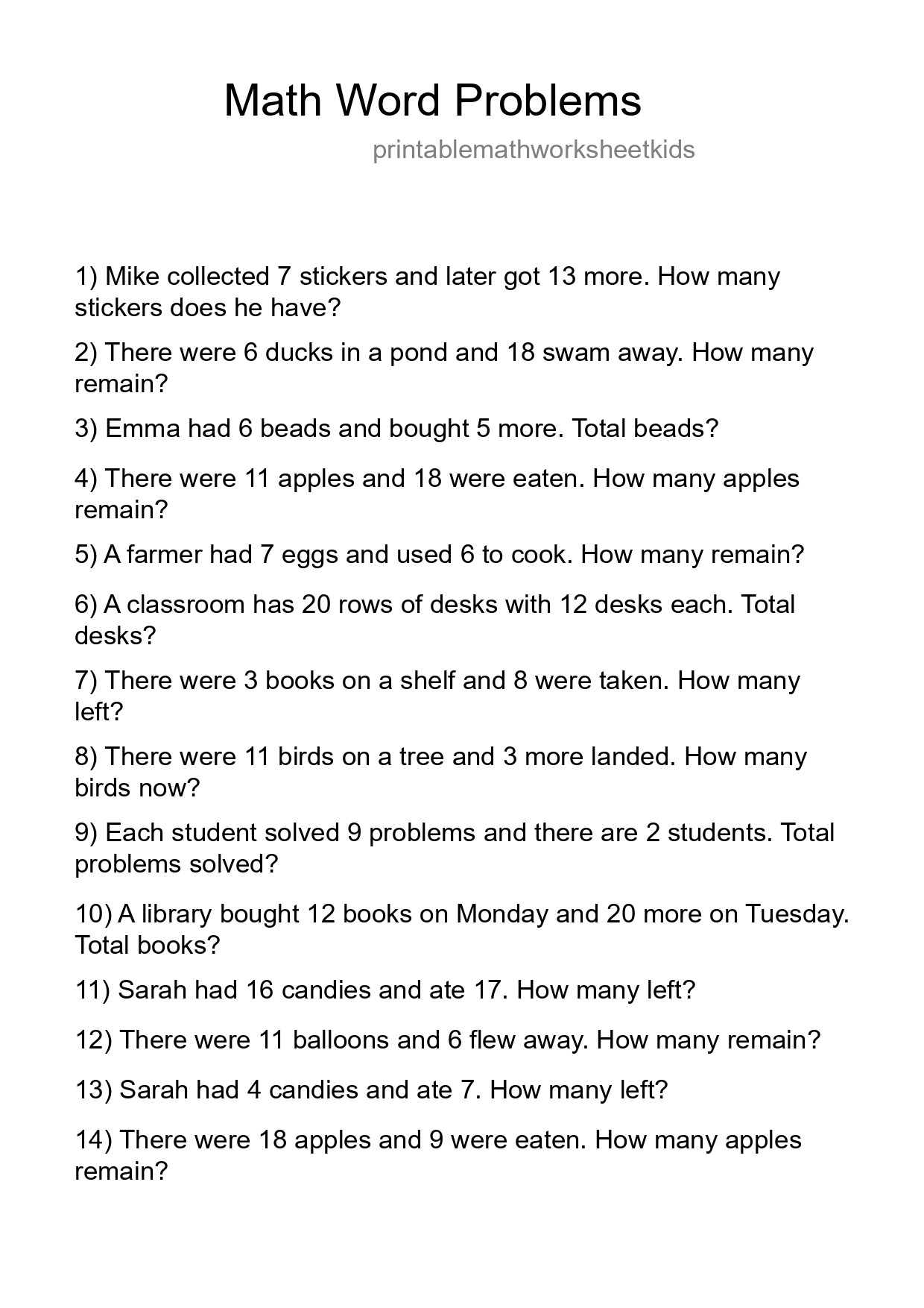 Math Word Problem Worksheet