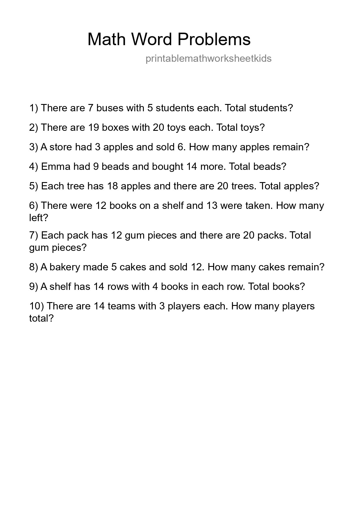 Math Word Problem Worksheet