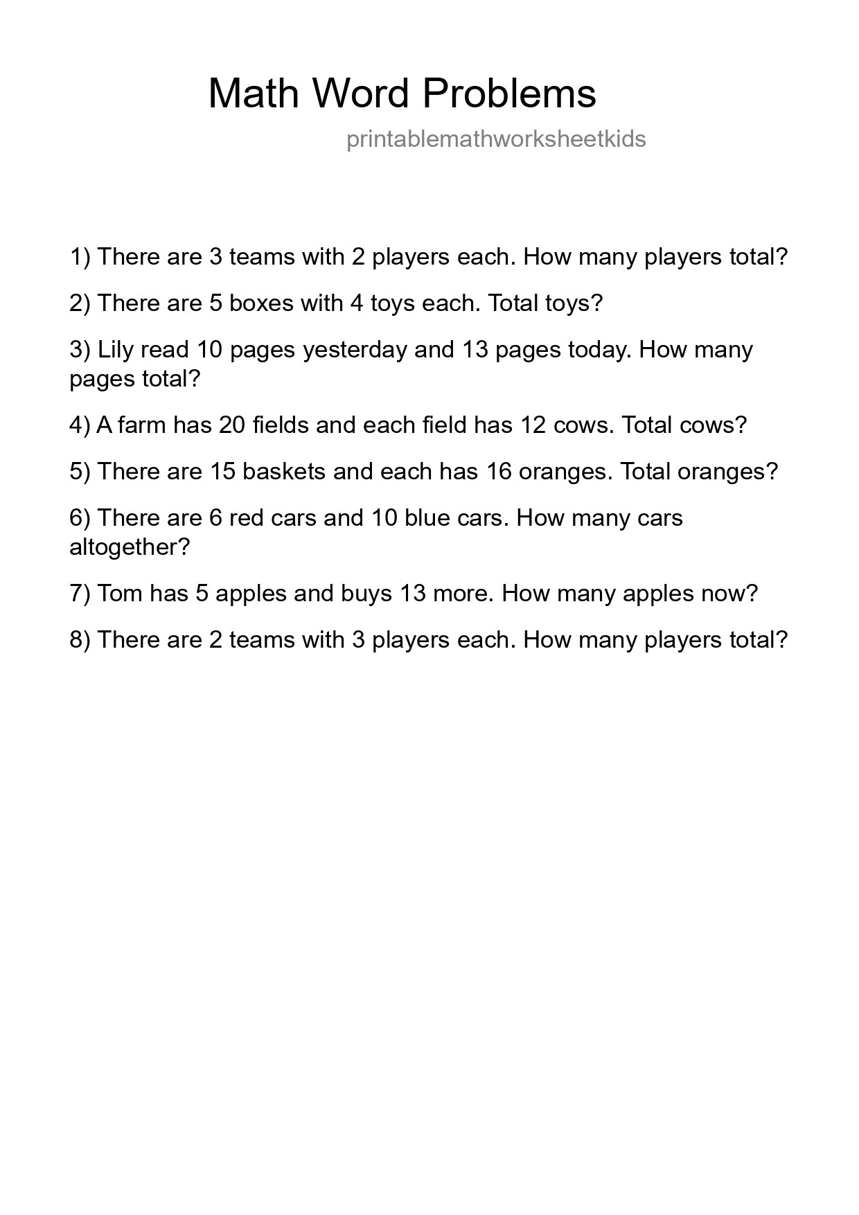 Math Word Problem Worksheet