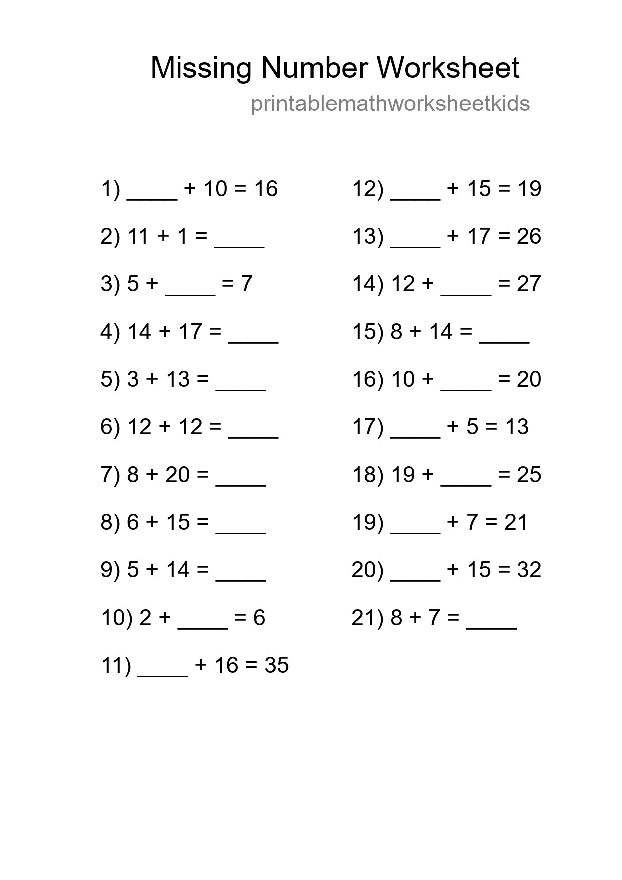 Missing Number Math Worksheet