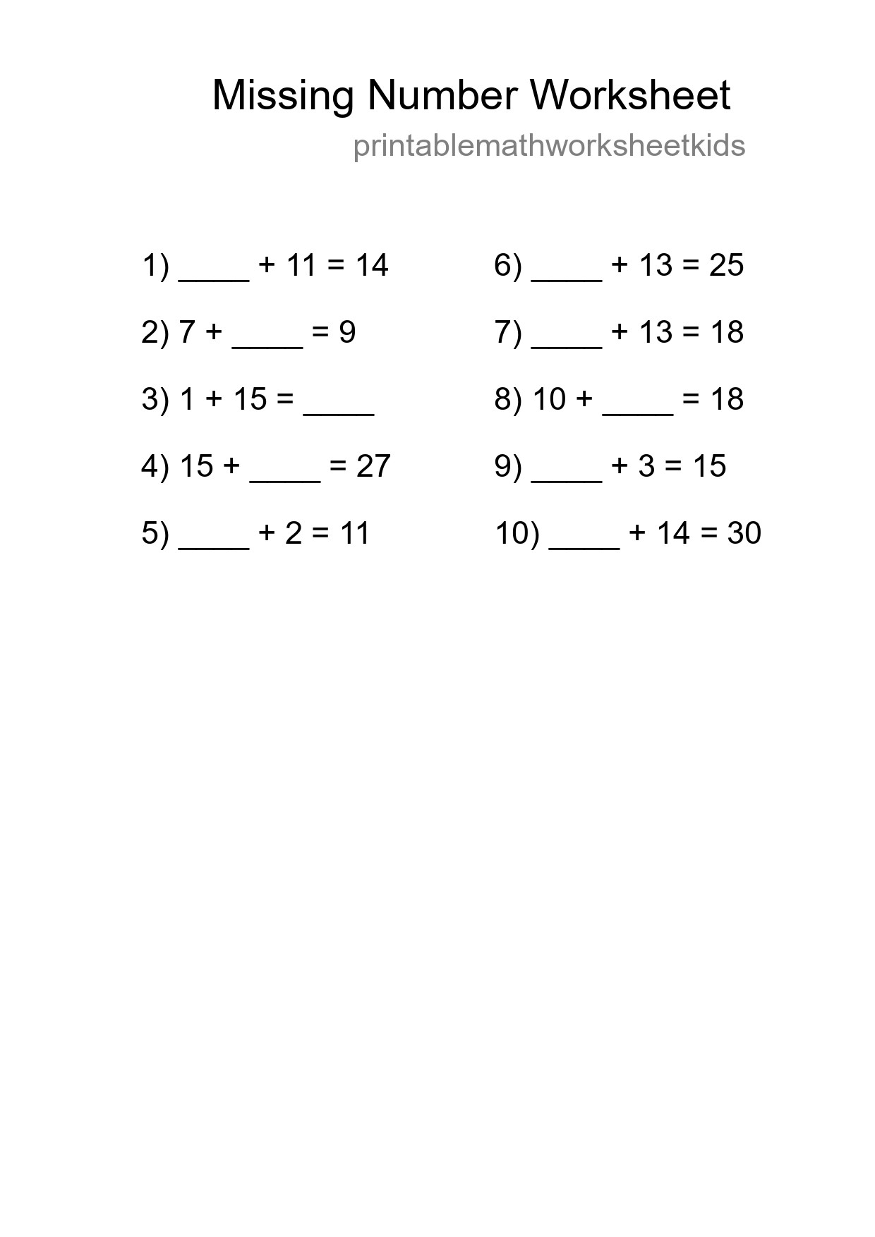 Missing Number Math Worksheet