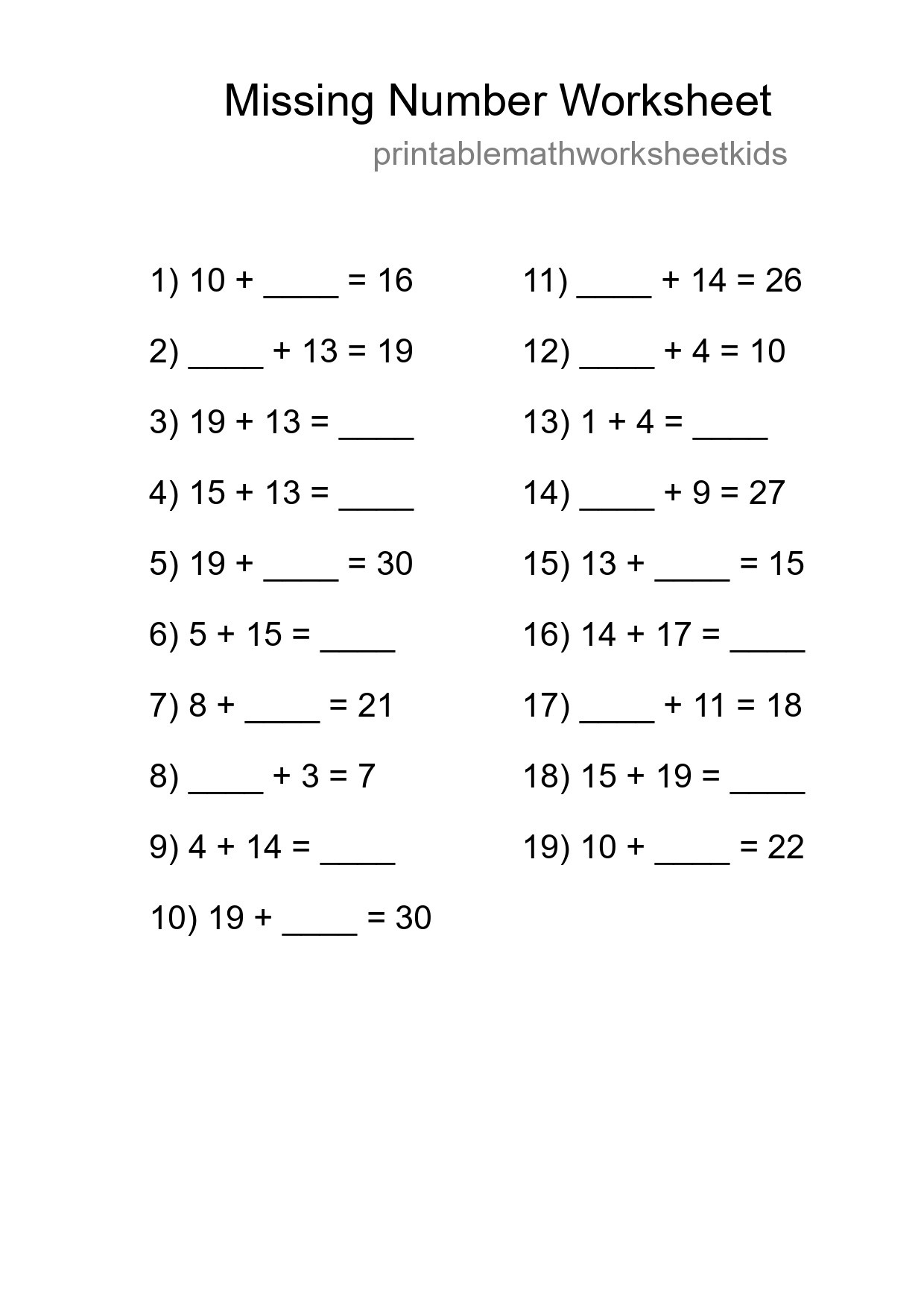 Missing Number Math Worksheet